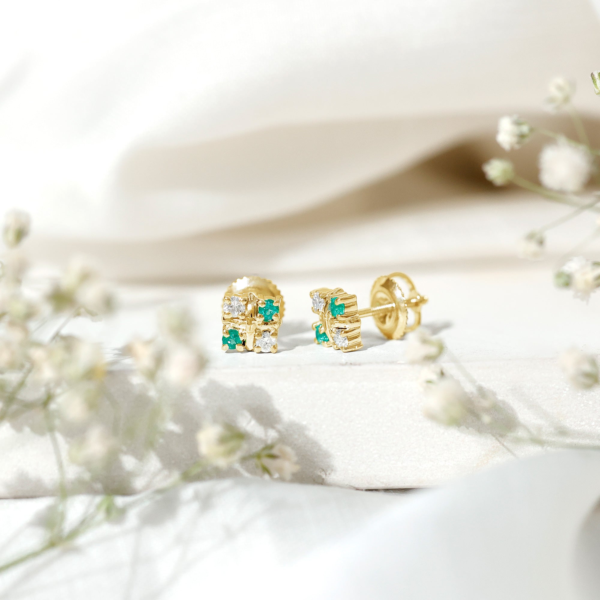 Emerald Cluster Earrings – Real Emerald Studs with Lab Diamond Screw Back Studs