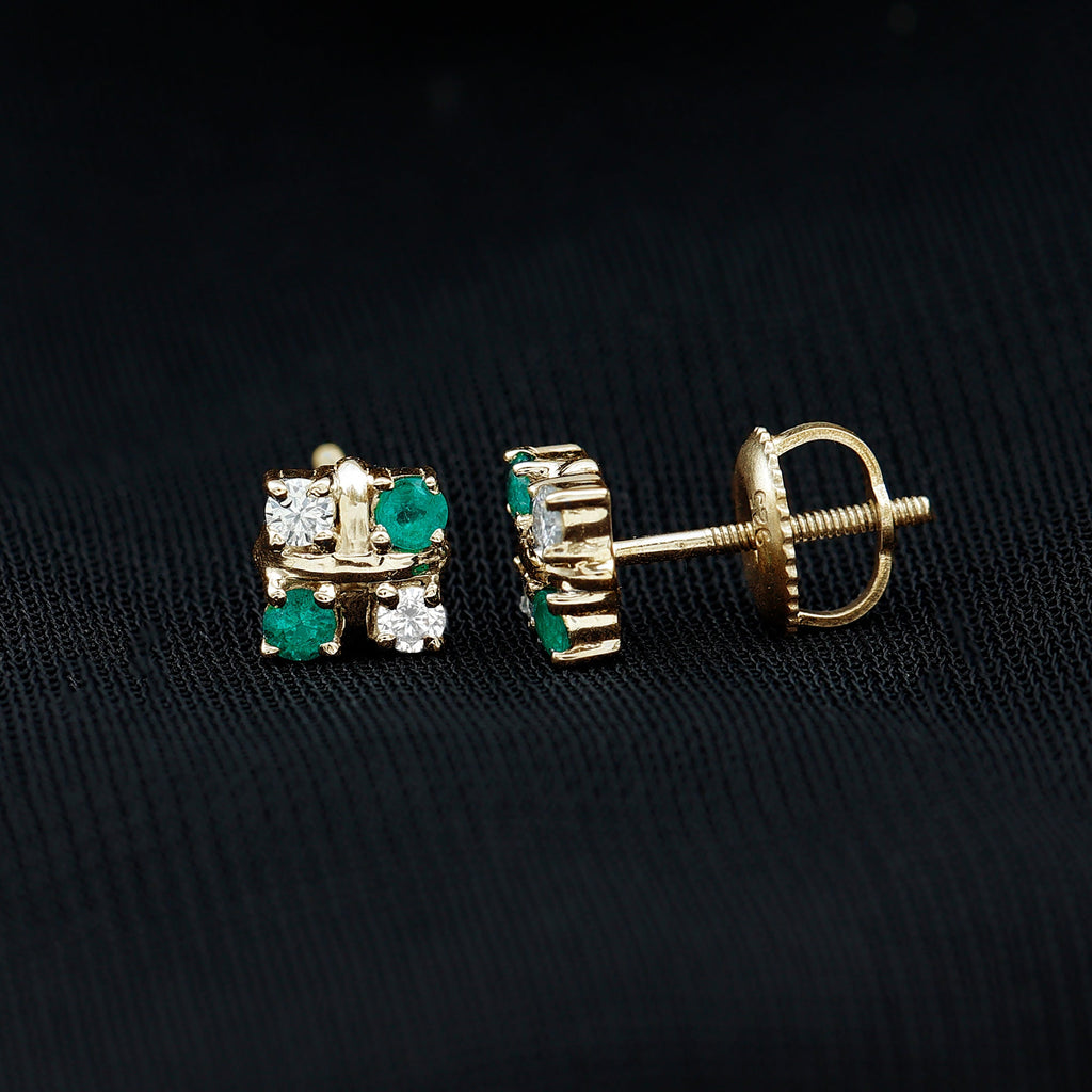 Emerald Cluster Earrings – Real Emerald Studs with Lab Diamond Screw Back Studs