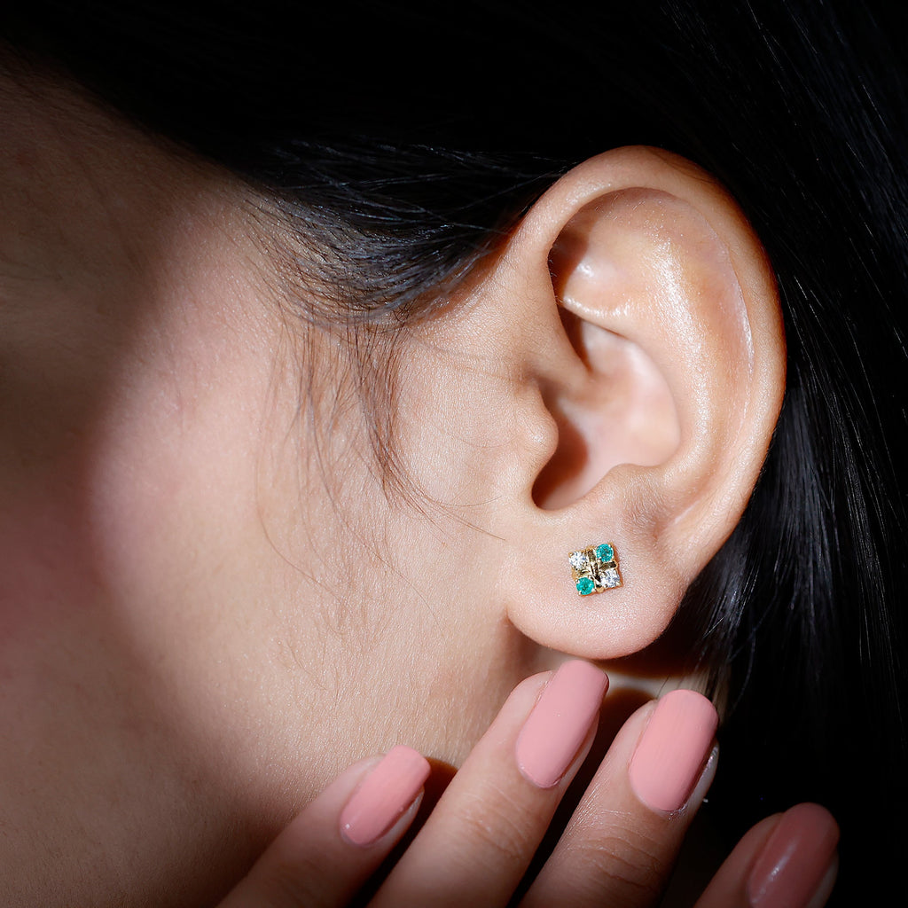 Emerald Cluster Earrings – Real Emerald Studs with Lab Diamond Screw Back Studs