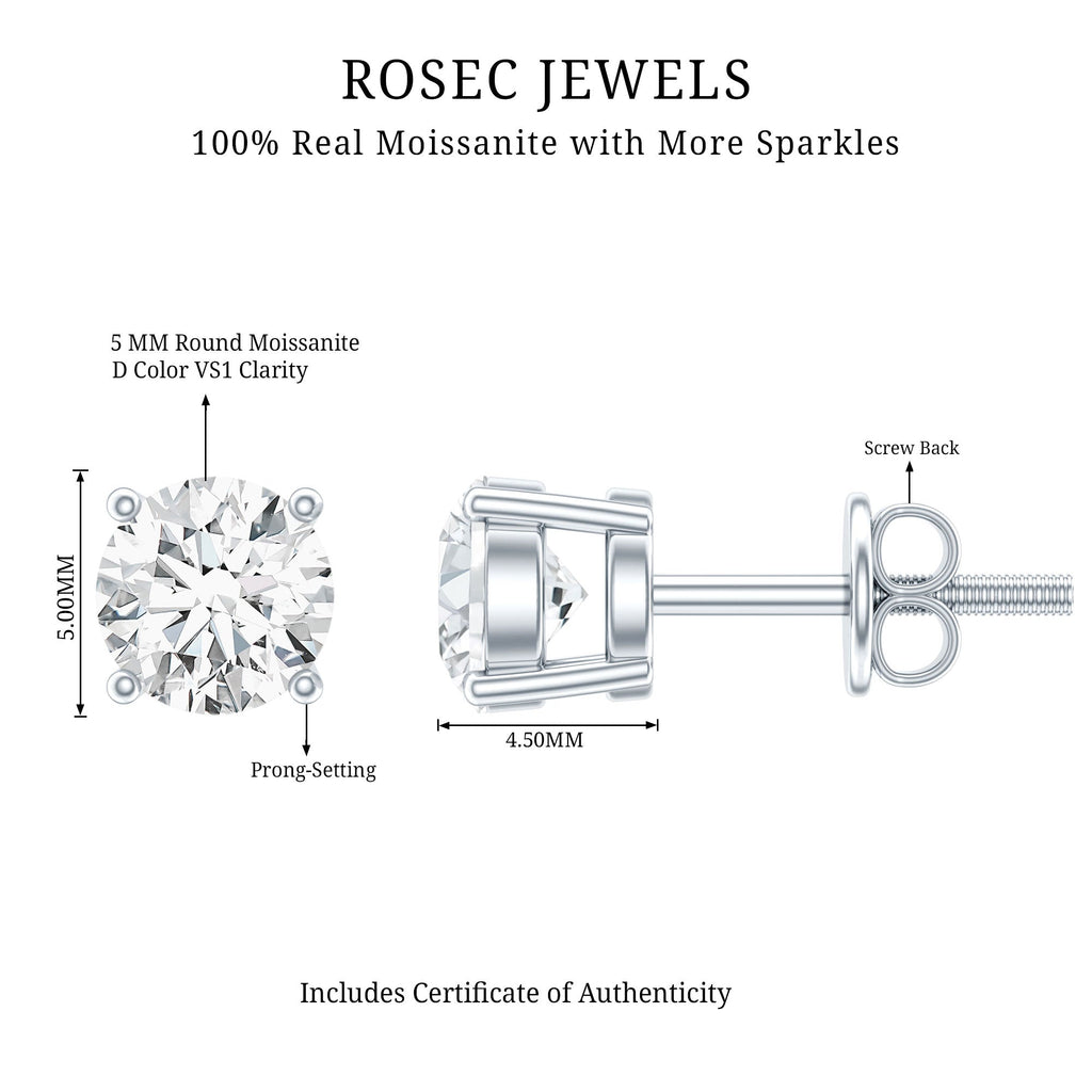 Moissanite Stud Earrings – 5mm Round Solitaire Screw Back D-VS1 Quality Jewelry