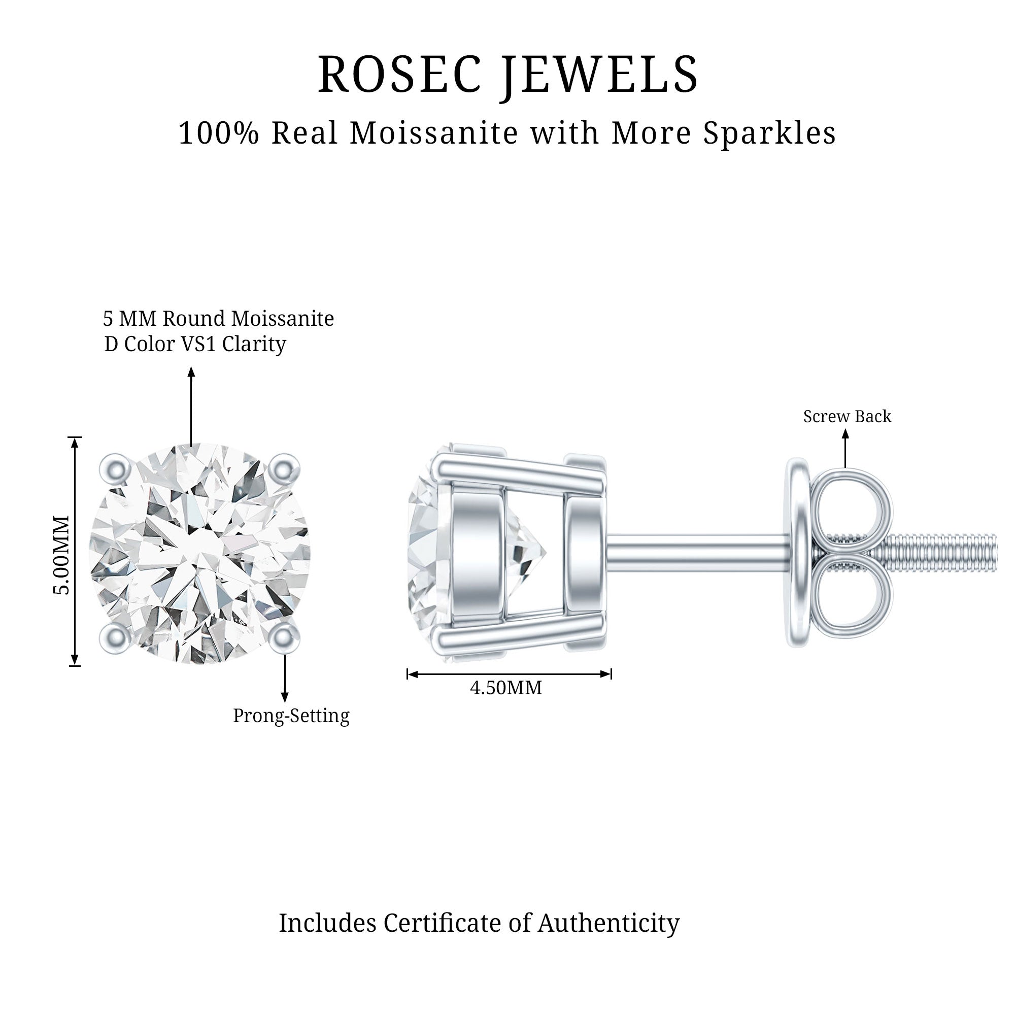 Moissanite Stud Earrings – 5mm Round Solitaire Screw Back D-VS1 Quality Jewelry