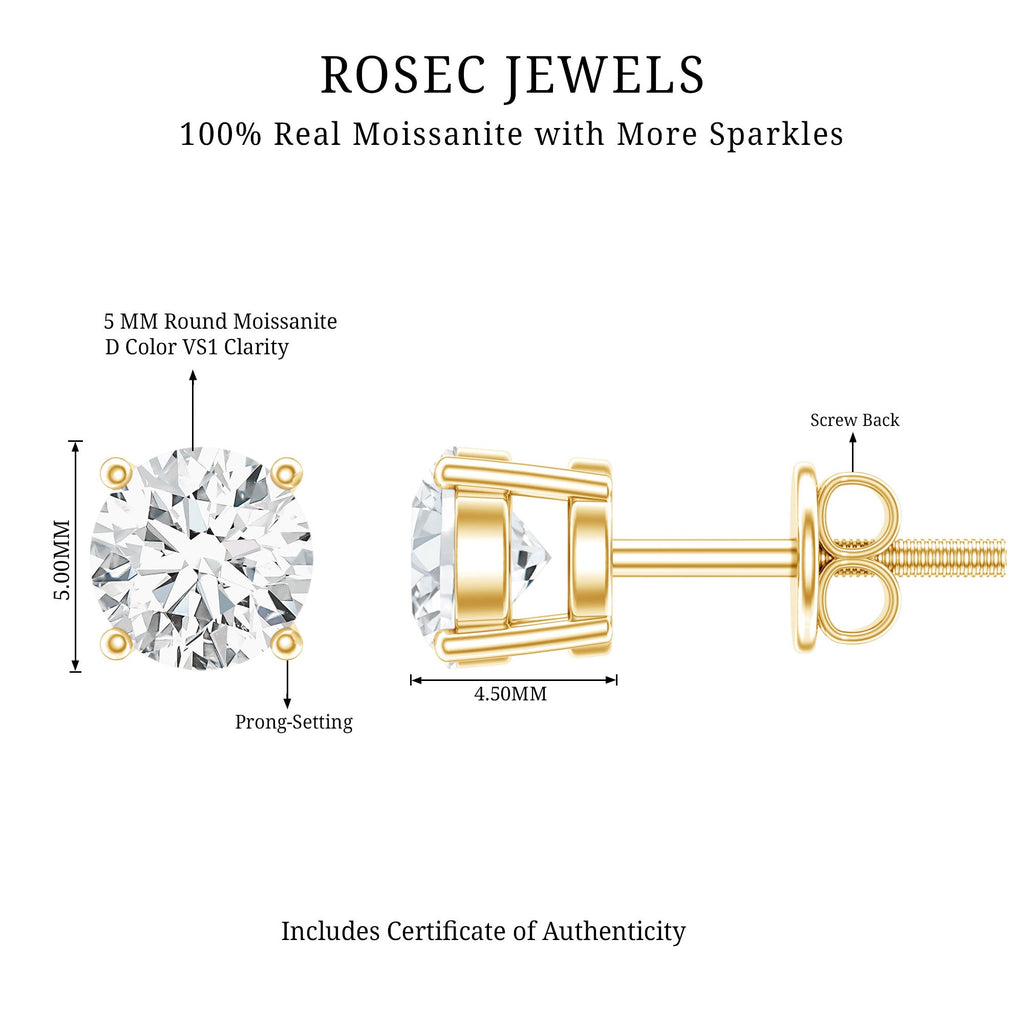 Moissanite Stud Earrings – 5mm Round Solitaire Screw Back D-VS1 Quality Jewelry