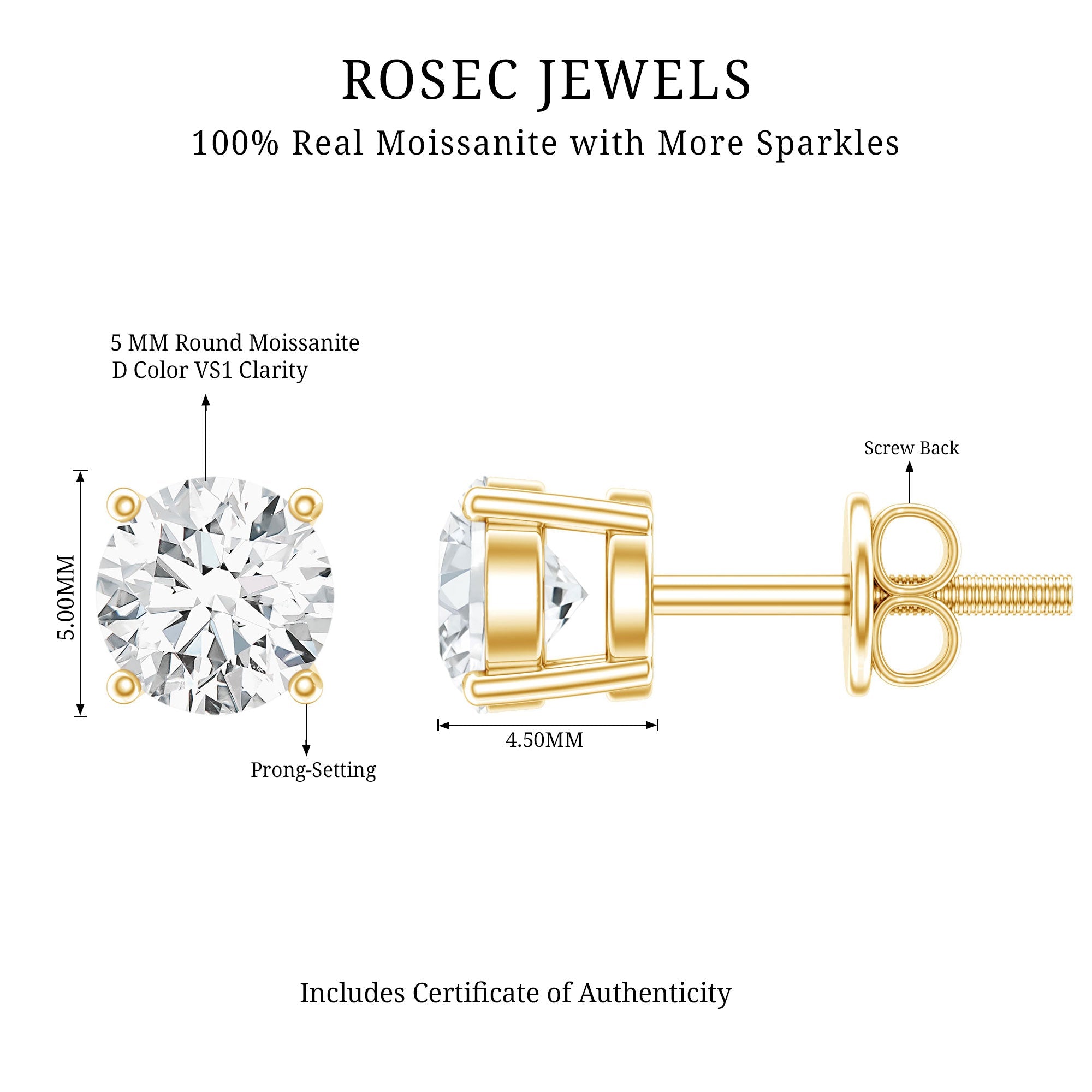 Moissanite Stud Earrings – 5mm Round Solitaire Screw Back D-VS1 Quality Jewelry