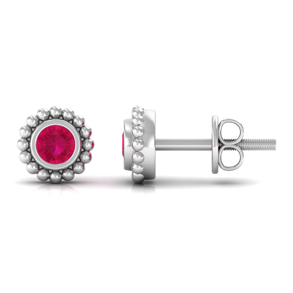 0.5 Carat Solitaire Ruby Stud Earrings in Beaded Bezel Setting