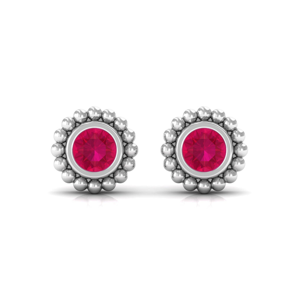 0.5 Carat Solitaire Ruby Stud Earrings in Beaded Bezel Setting