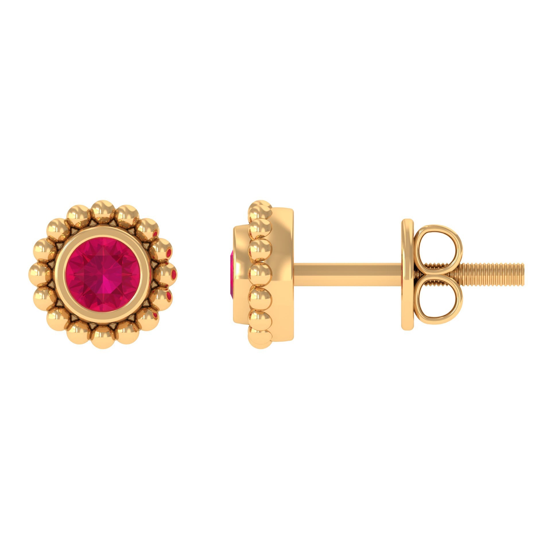 0.5 Carat Solitaire Ruby Stud Earrings in Beaded Bezel Setting