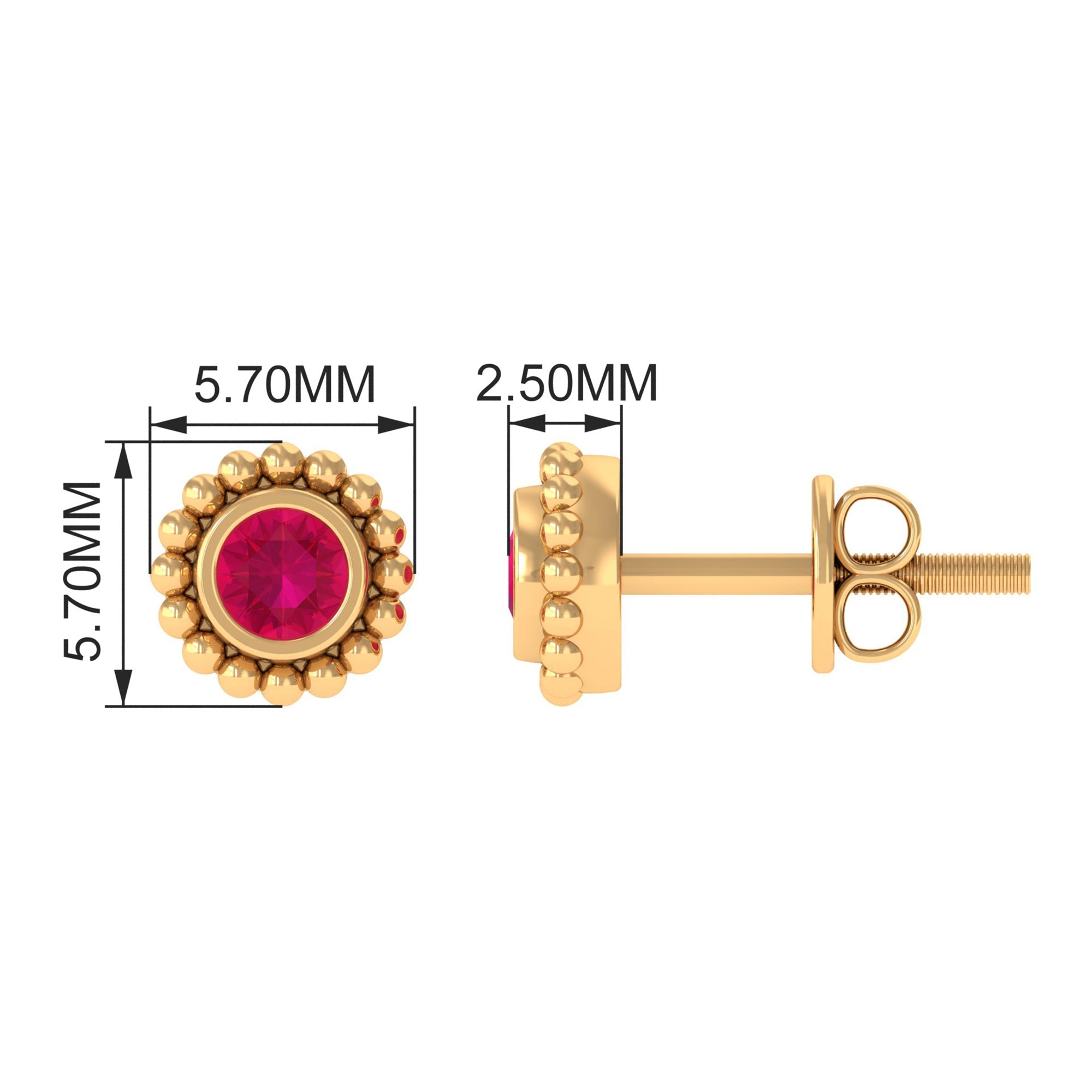 0.5 Carat Solitaire Ruby Stud Earrings in Beaded Bezel Setting
