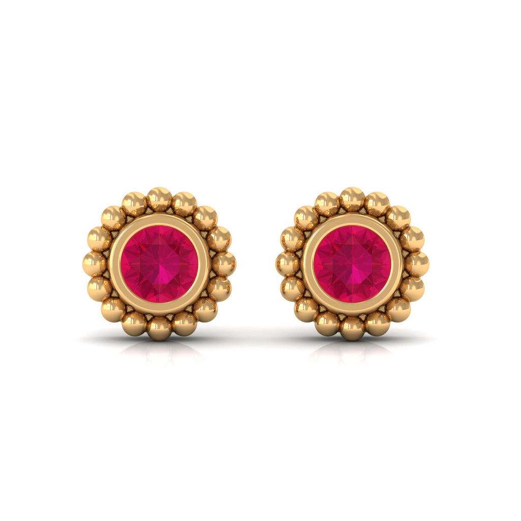 0.5 Carat Solitaire Ruby Stud Earrings in Beaded Bezel Setting