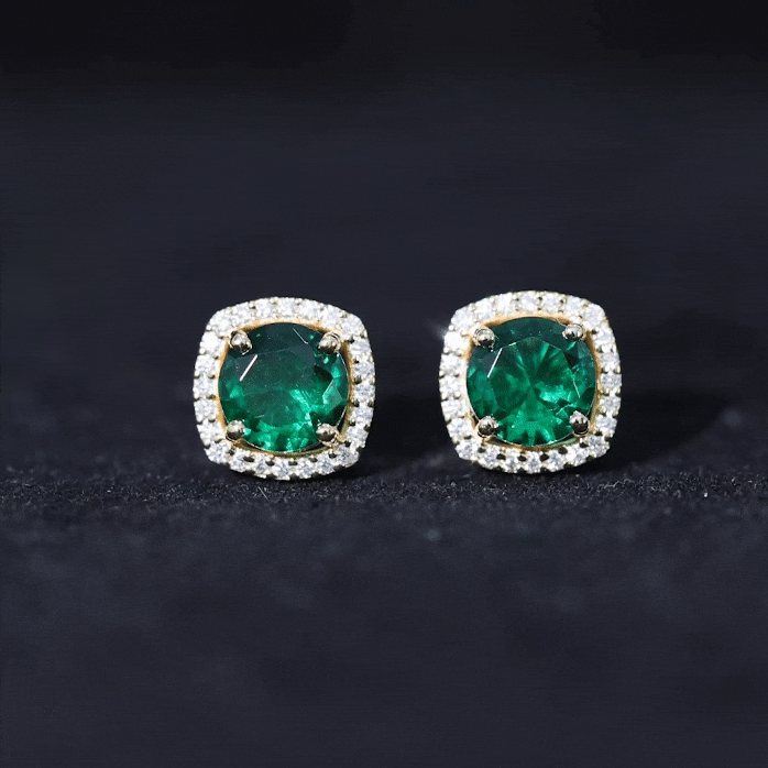 Lab Grown Emerald Earrings – 1.6 Carat 6mm Round Studs with Diamond Halo, Screw Back
