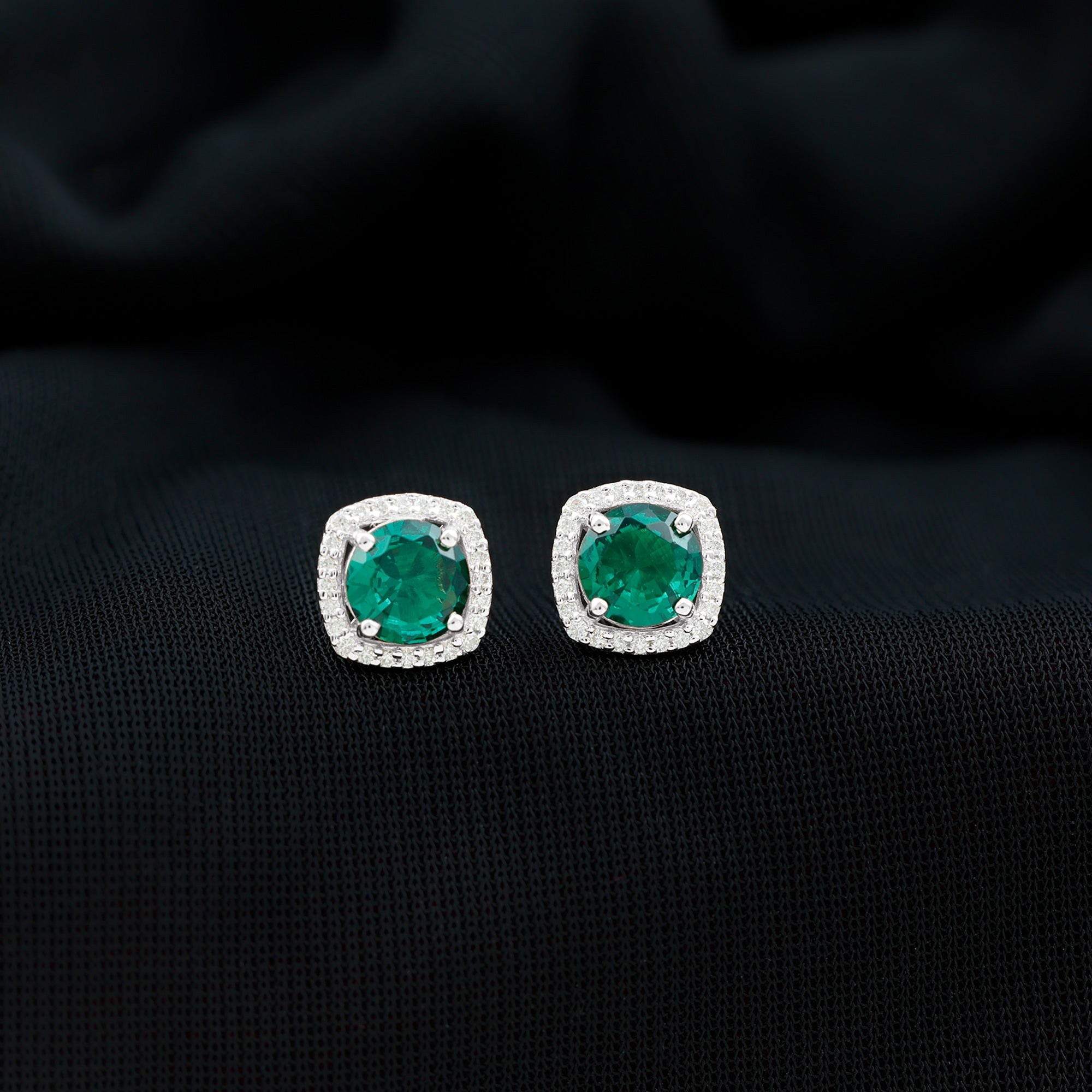 Lab Grown Emerald Earrings – 1.6 Carat 6mm Round Studs with Diamond Halo, Screw Back