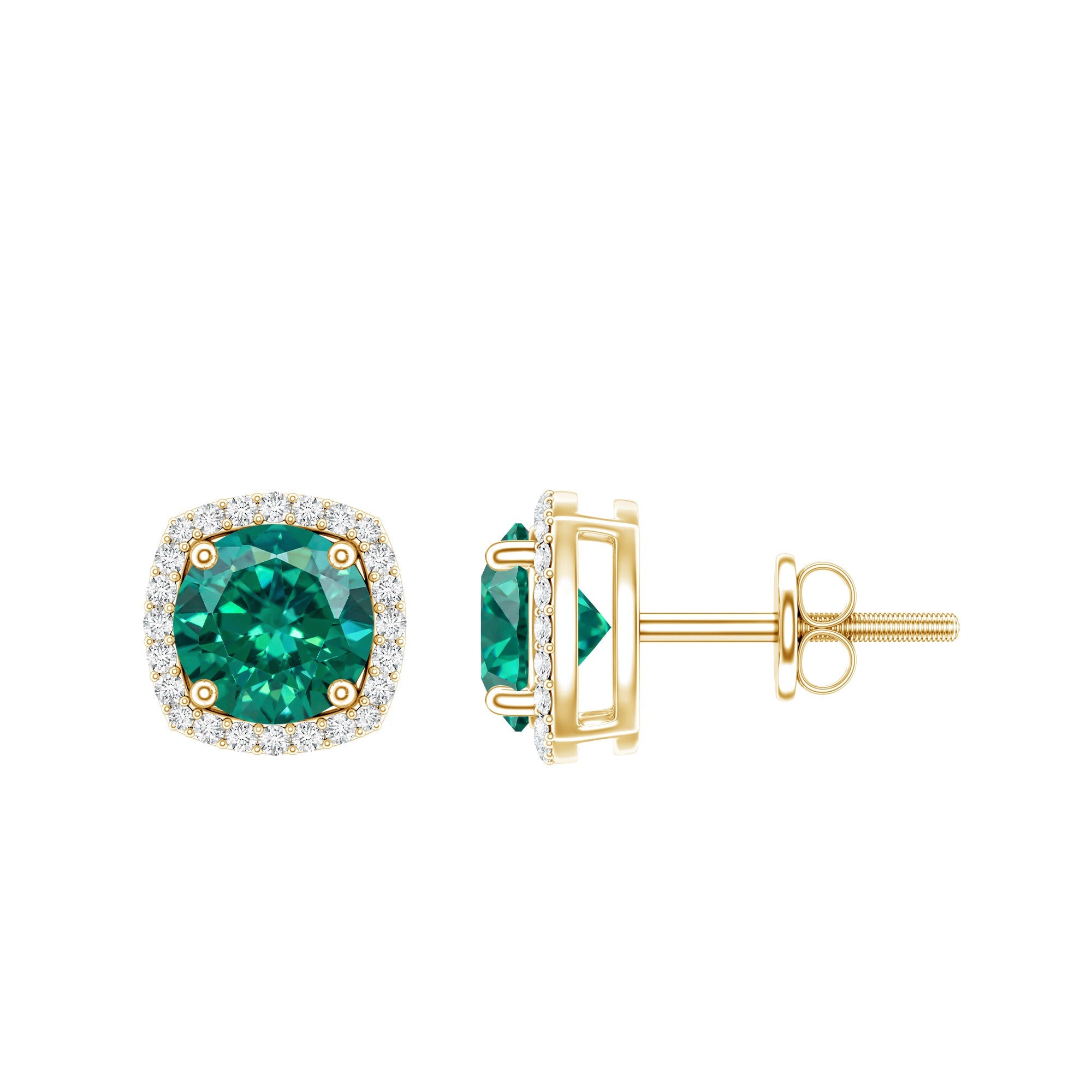 Lab Grown Emerald Earrings – 1.6 Carat 6mm Round Studs with Diamond Halo, Screw Back