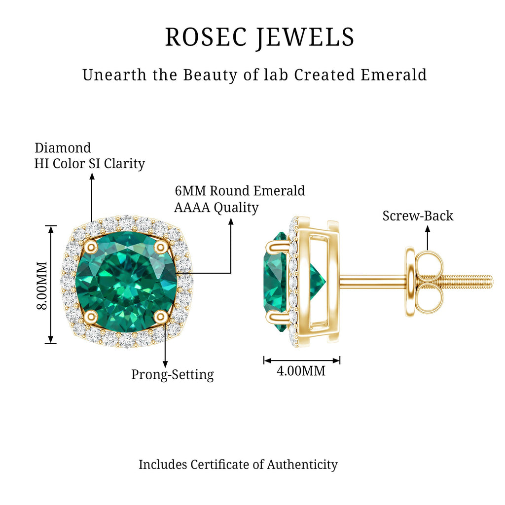 Lab Grown Emerald Earrings – 1.6 Carat 6mm Round Studs with Diamond Halo, Screw Back