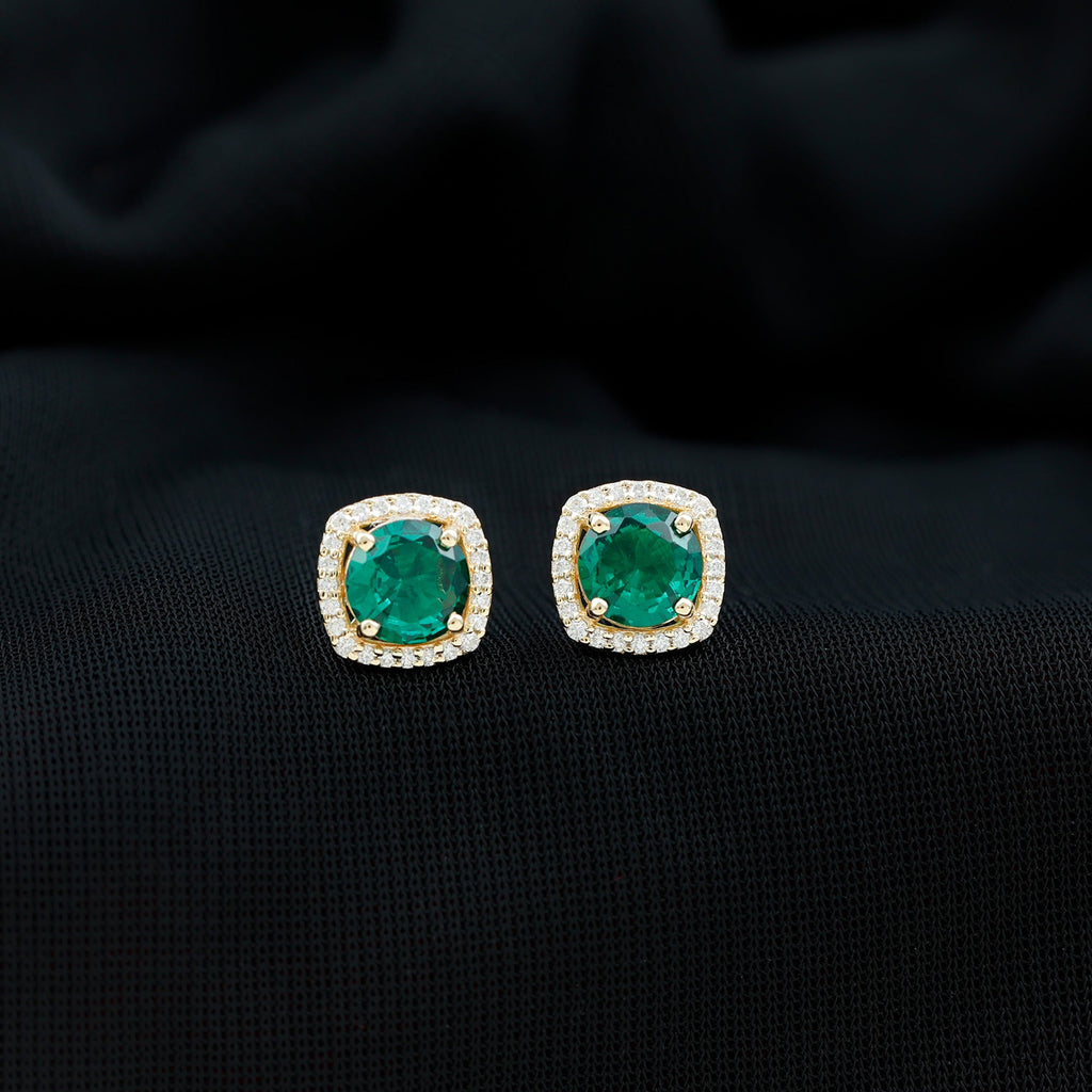 Lab Grown Emerald Earrings – 1.6 Carat 6mm Round Studs with Diamond Halo, Screw Back