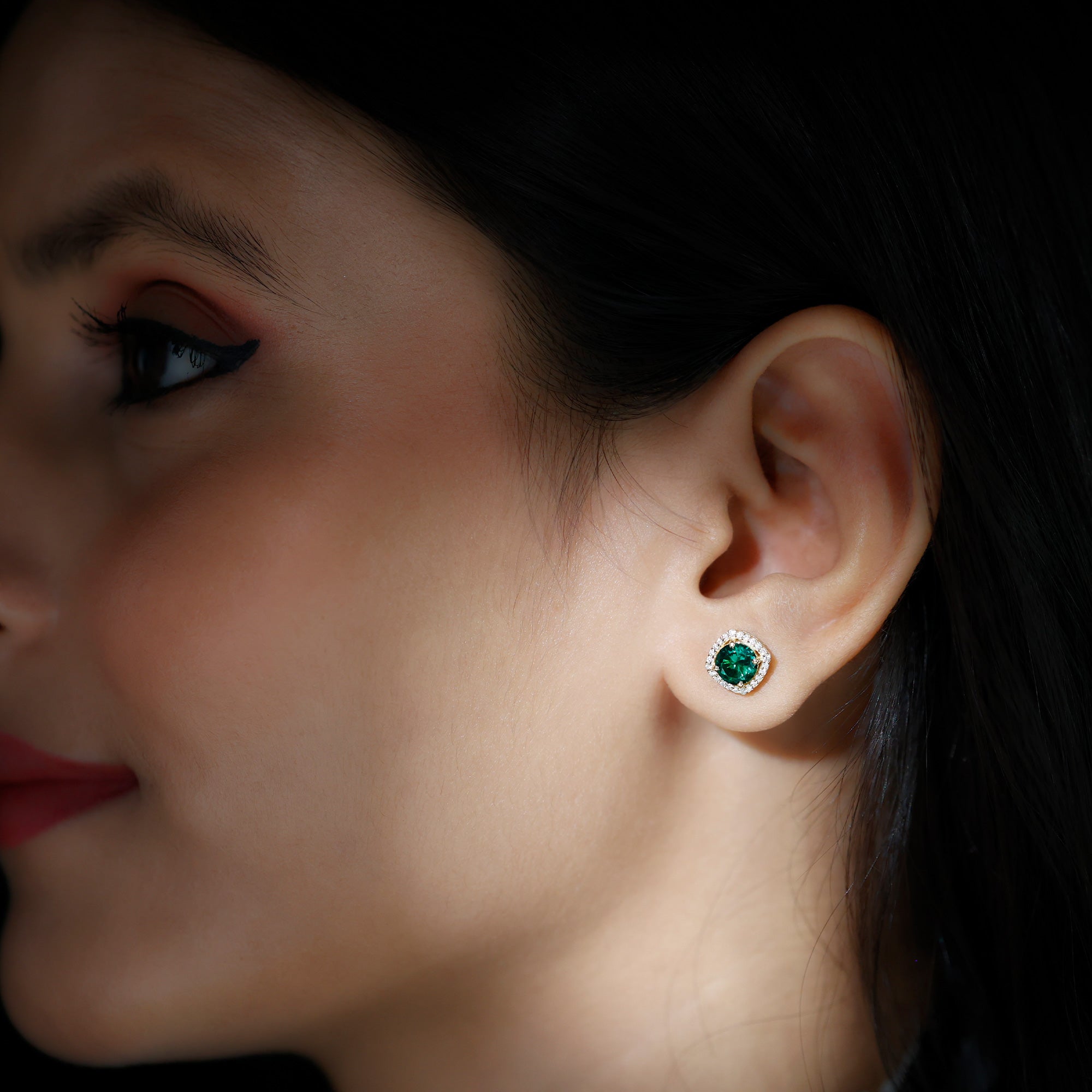 Lab Grown Emerald Earrings – 1.6 Carat 6mm Round Studs with Diamond Halo, Screw Back