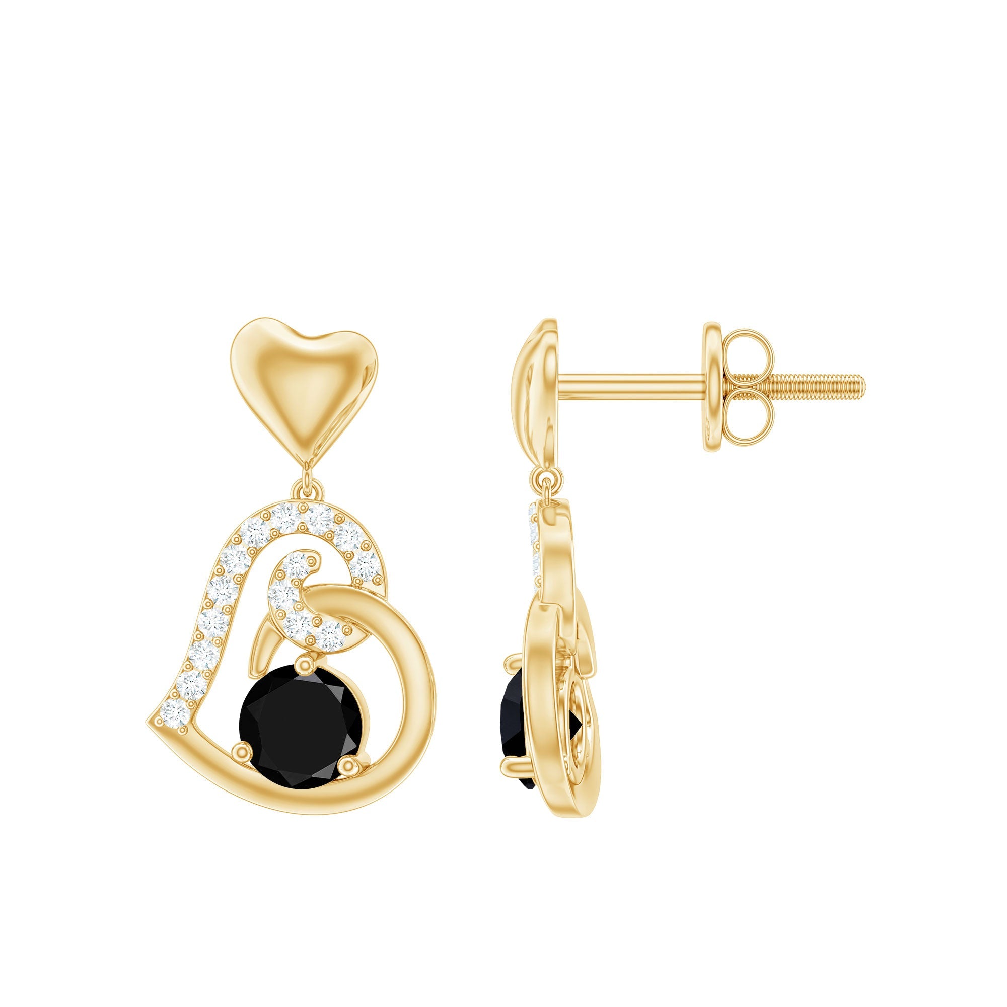 Genuine Black Onyx Heart Drop Earrings with Diamond