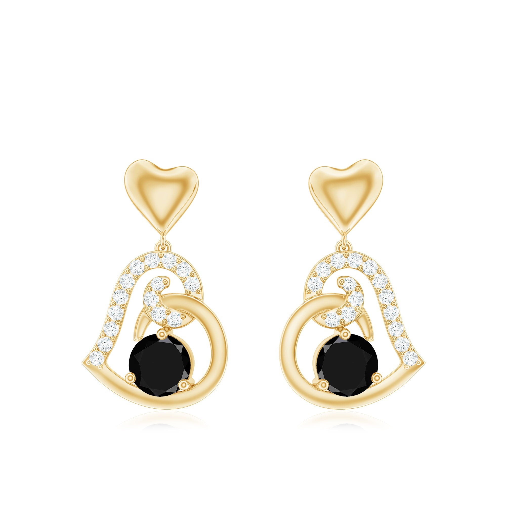Genuine Black Onyx Heart Drop Earrings with Diamond