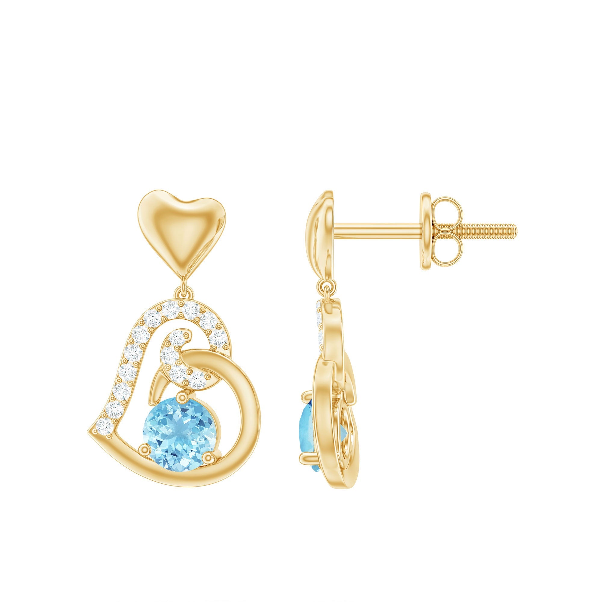 Aquamarine Heart Earrings – Diamond Drop Earrings with Open Heart Design