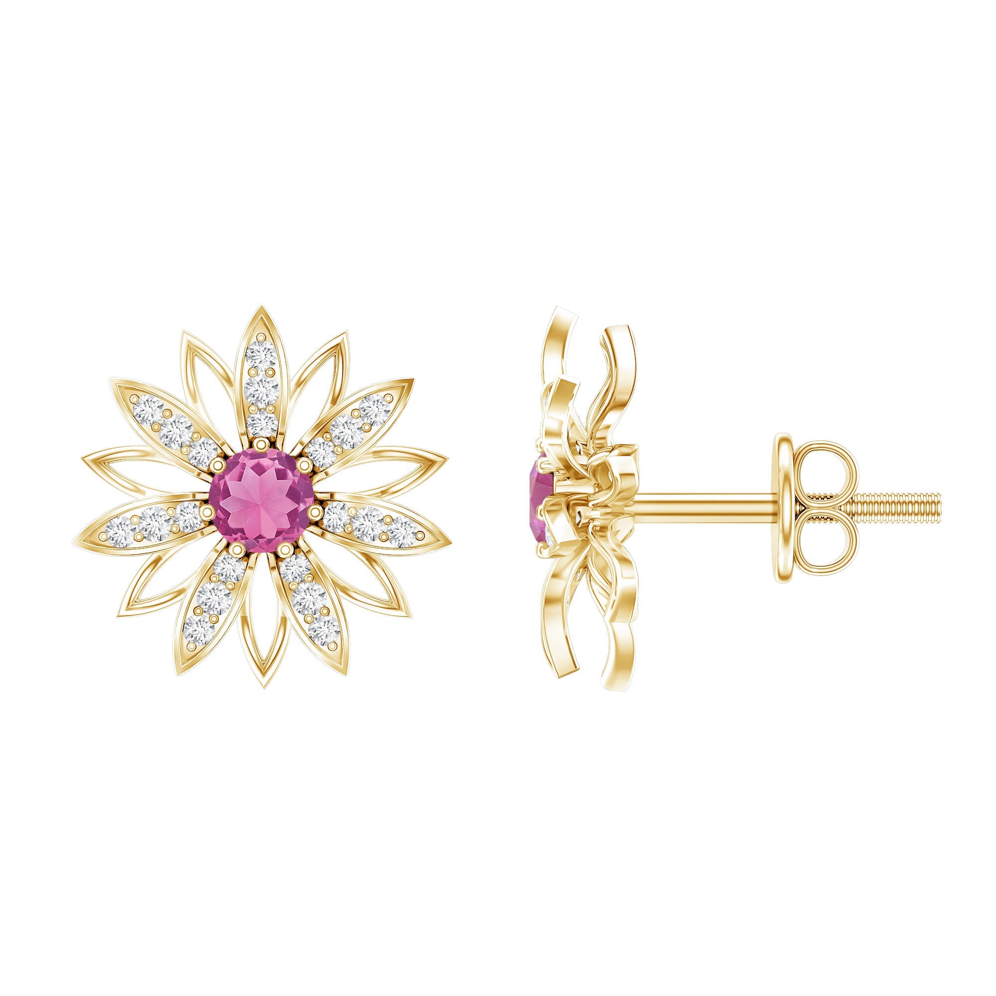 Pink Tourmaline Earrings – Elegant Flower Stud Earrings with Diamond Prong Setting