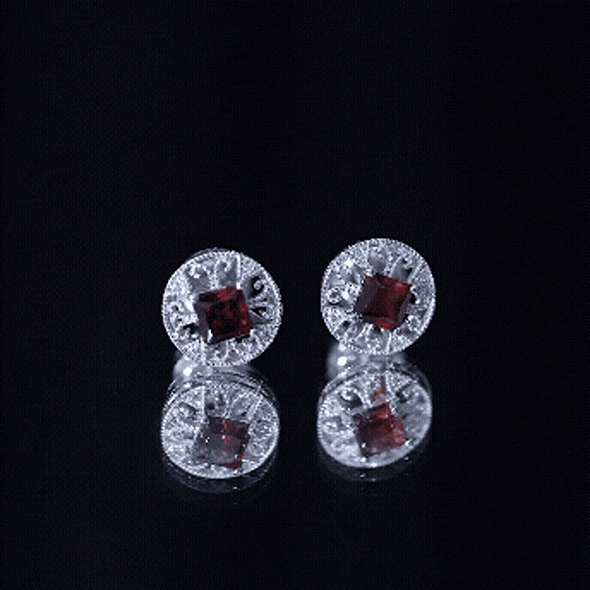 Vintage Garnet Earrings – Princess Cut Studs with Lab Created Diamonds in 14k White Gold