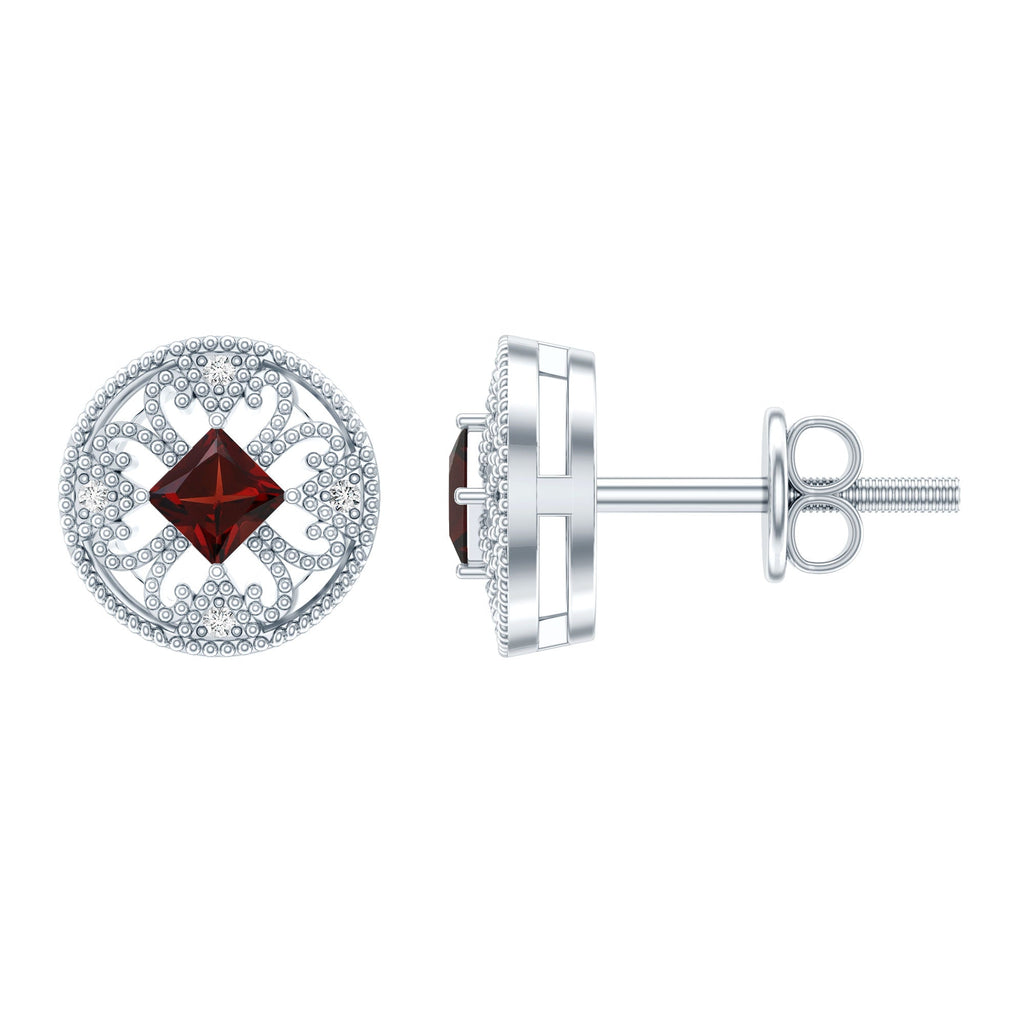 Vintage Garnet Earrings – Princess Cut Studs with Lab Created Diamonds in 14k White Gold