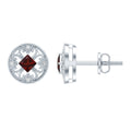 Vintage Garnet Earrings – Princess Cut Studs with Lab Created Diamonds in 14k White Gold