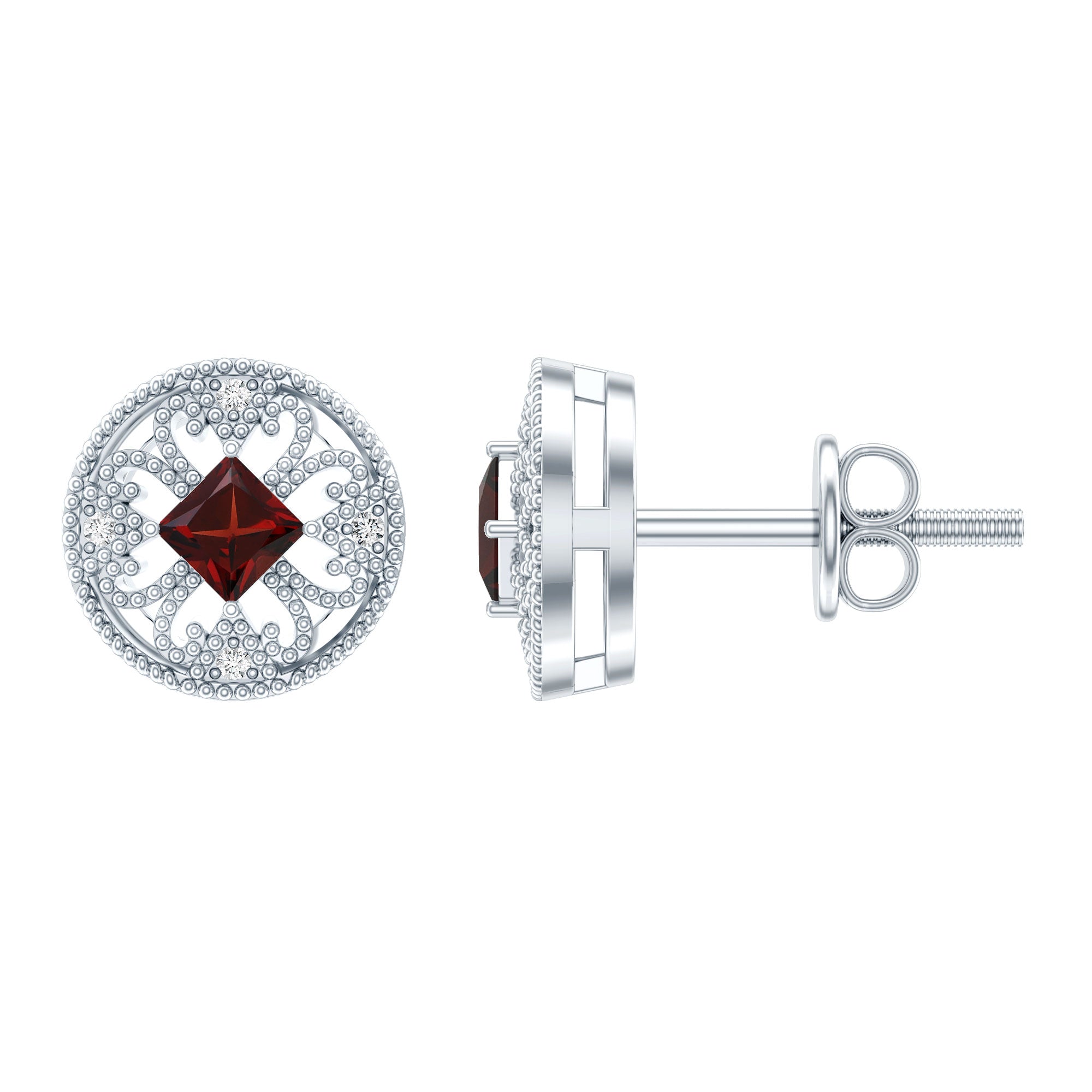Vintage Garnet Earrings – Princess Cut Studs with Lab Created Diamonds in 14k White Gold