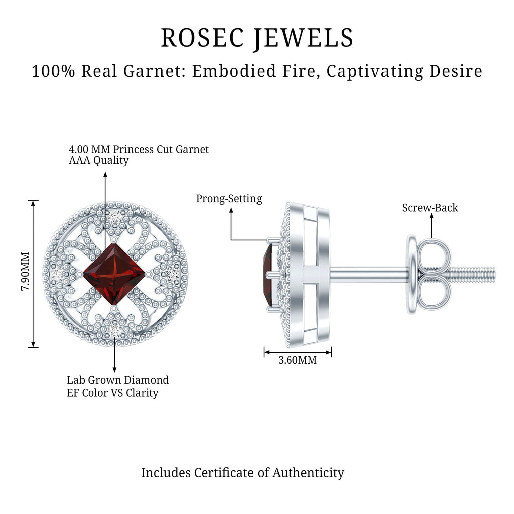 Vintage Garnet Earrings – Princess Cut Studs with Lab Created Diamonds in 14k White Gold