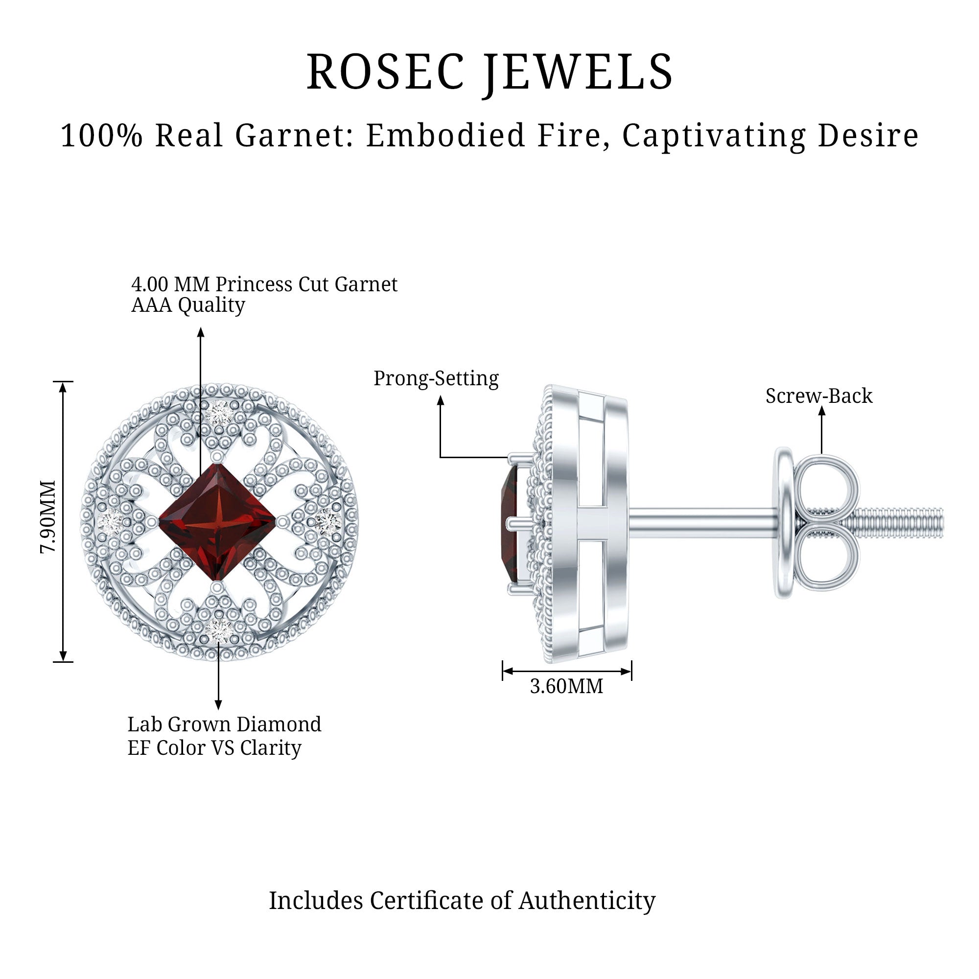Vintage Garnet Earrings – Princess Cut Studs with Lab Created Diamonds in 14k White Gold