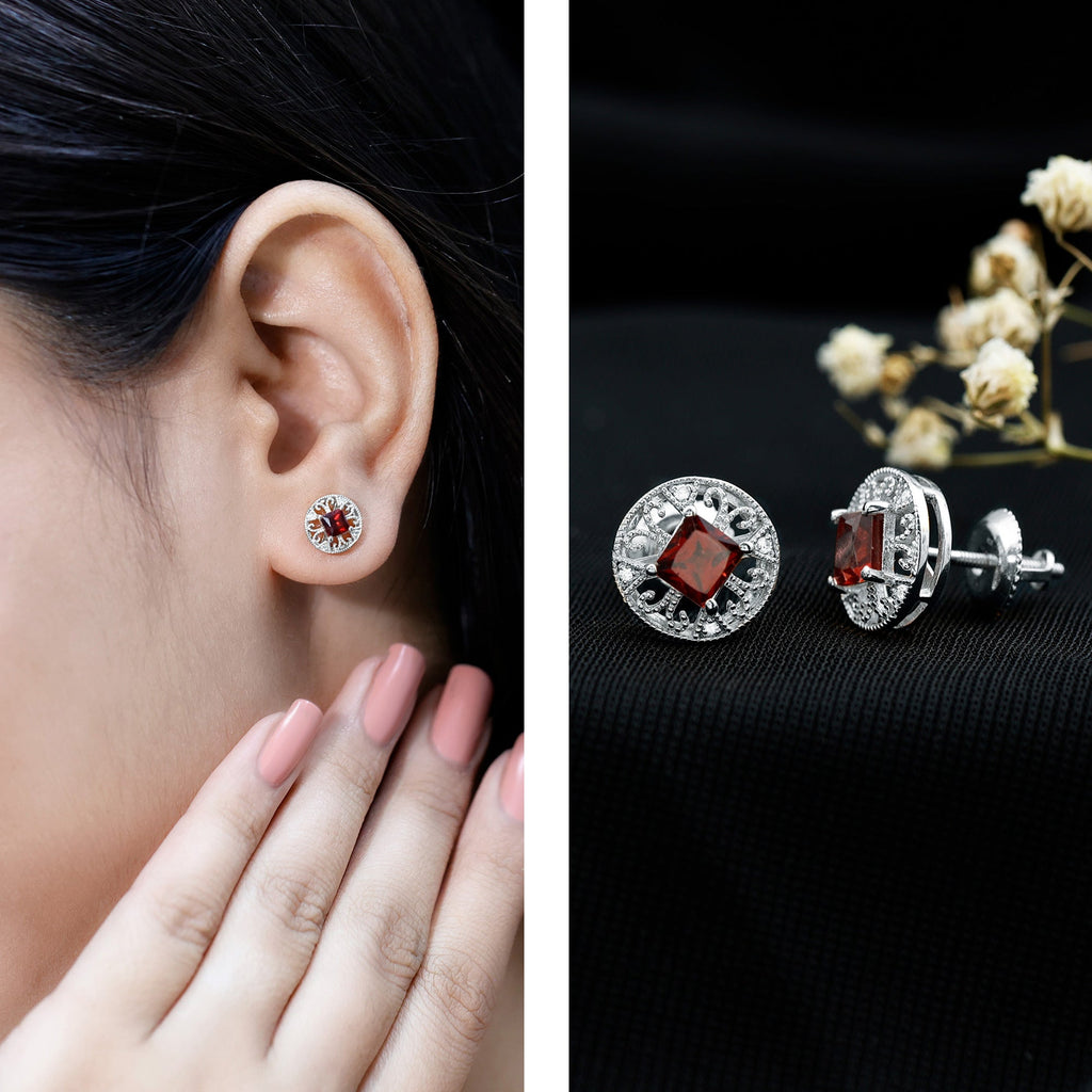 Vintage Garnet Earrings – Princess Cut Studs with Lab Created Diamonds in 14k White Gold