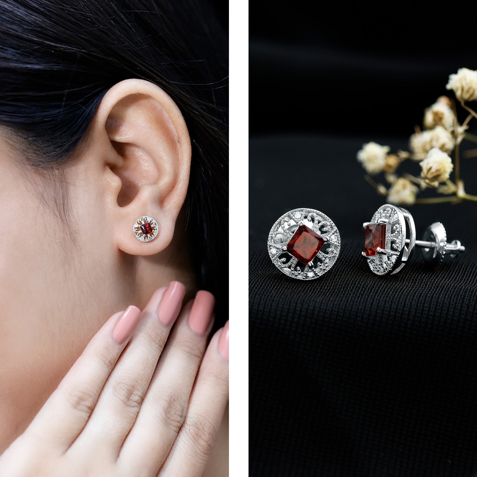 Vintage Garnet Earrings – Princess Cut Studs with Lab Created Diamonds in 14k White Gold