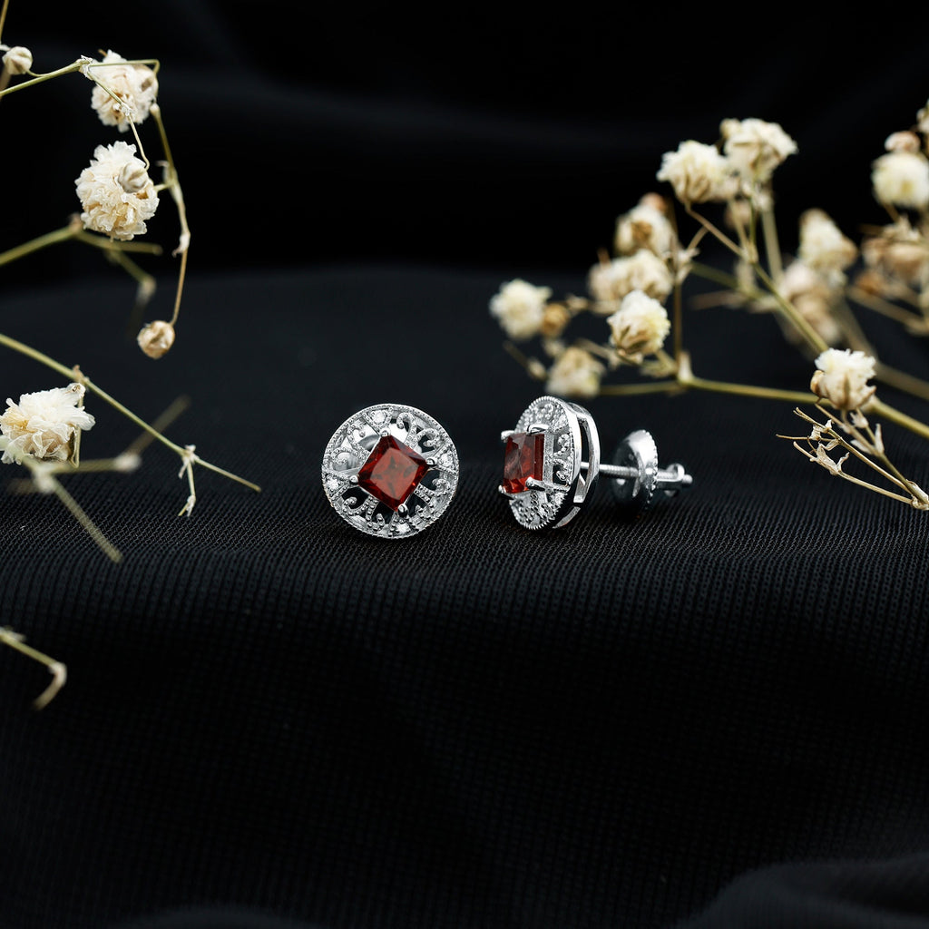 Vintage Garnet Earrings – Princess Cut Studs with Lab Created Diamonds in 14k White Gold
