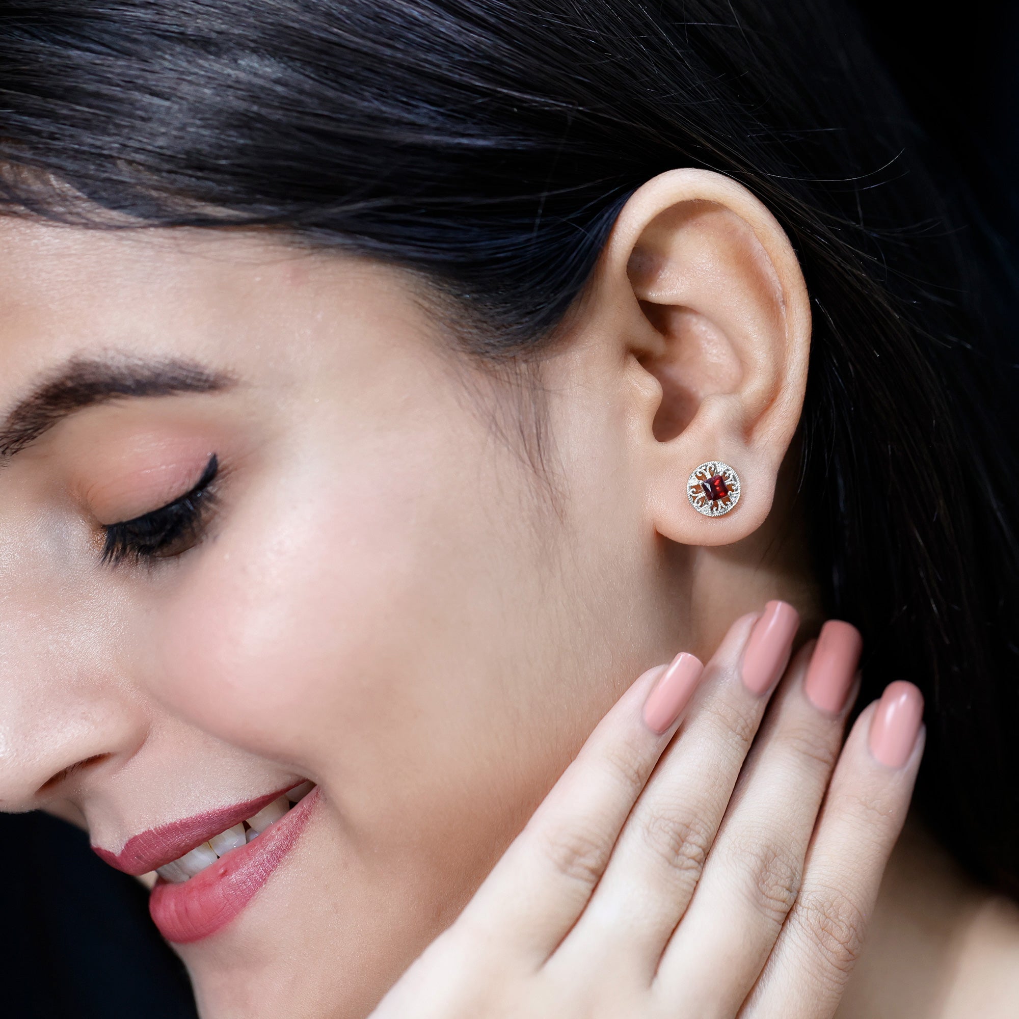 Vintage Garnet Earrings – Princess Cut Studs with Lab Created Diamonds in 14k White Gold
