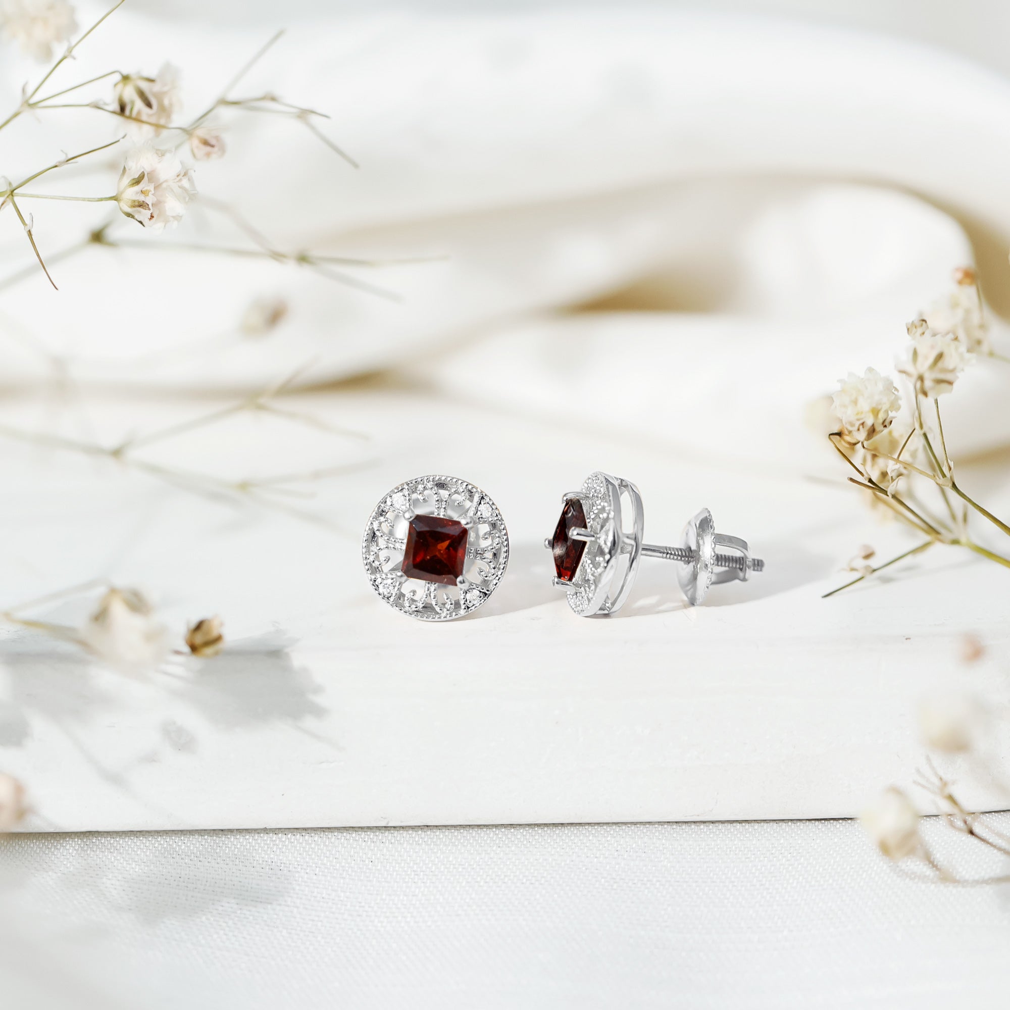 Vintage Garnet Earrings – Princess Cut Studs with Lab Created Diamonds in 14k White Gold