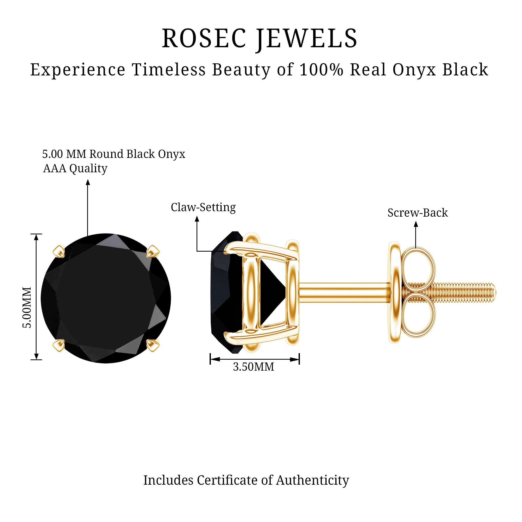 Natural Black Onyx Stud Earrings for Everyday