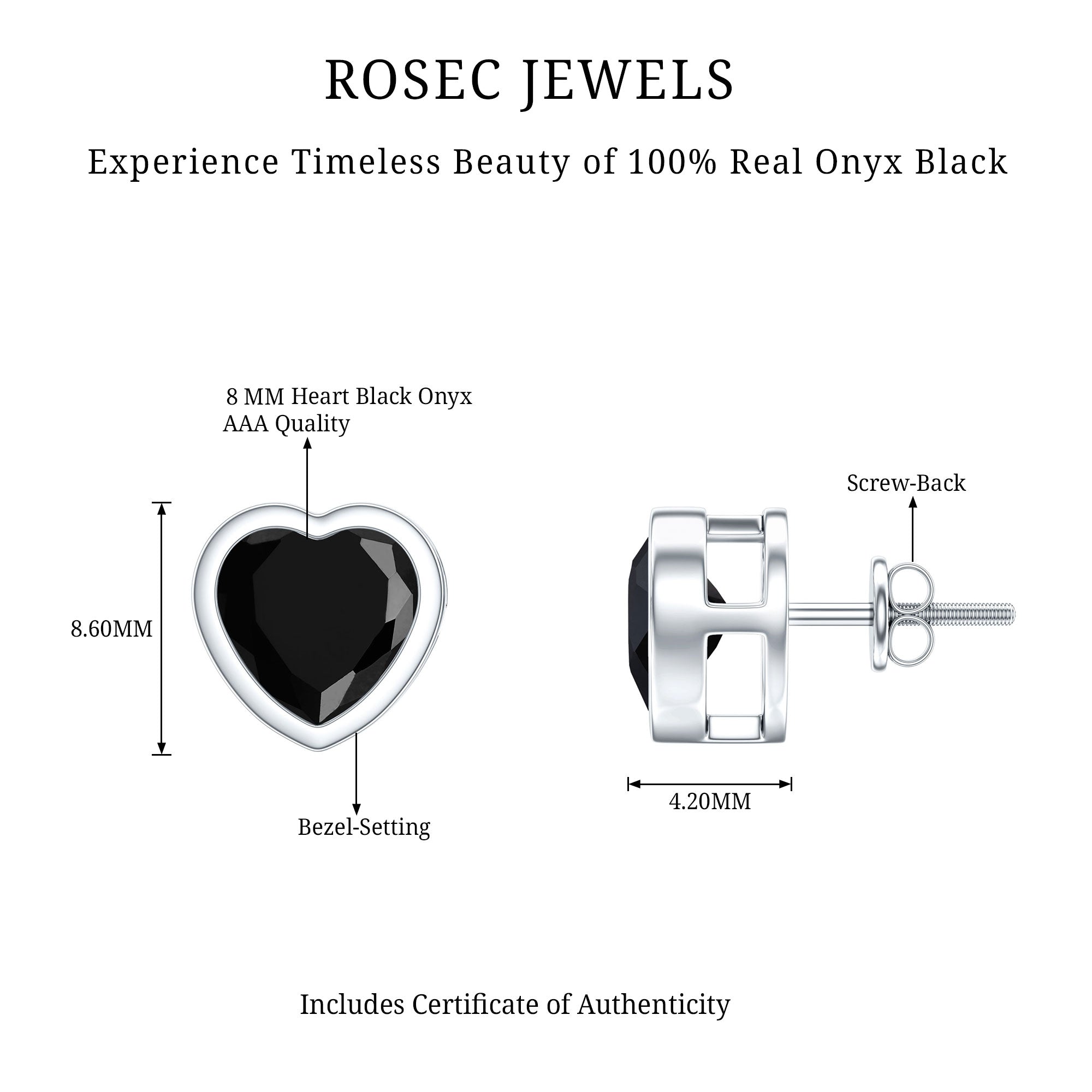 Bezel Set Black Onyx Heart Stud Earring