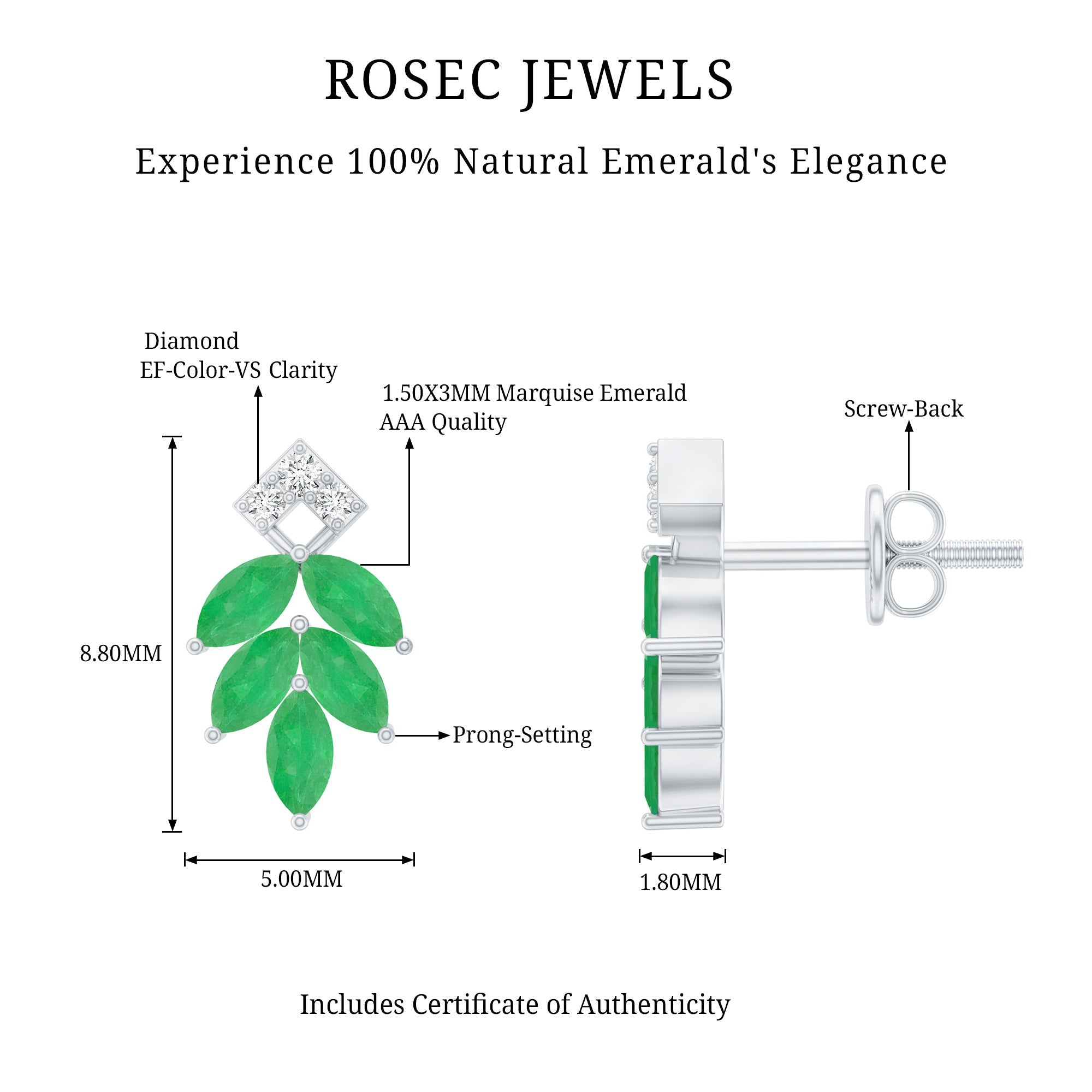 Emerald Leaf Earrings – Stud Earrings with Marquise Cut Emeralds & Lab Grown Diamonds