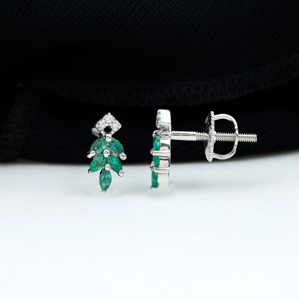 Emerald Leaf Earrings – Stud Earrings with Marquise Cut Emeralds & Lab Grown Diamonds