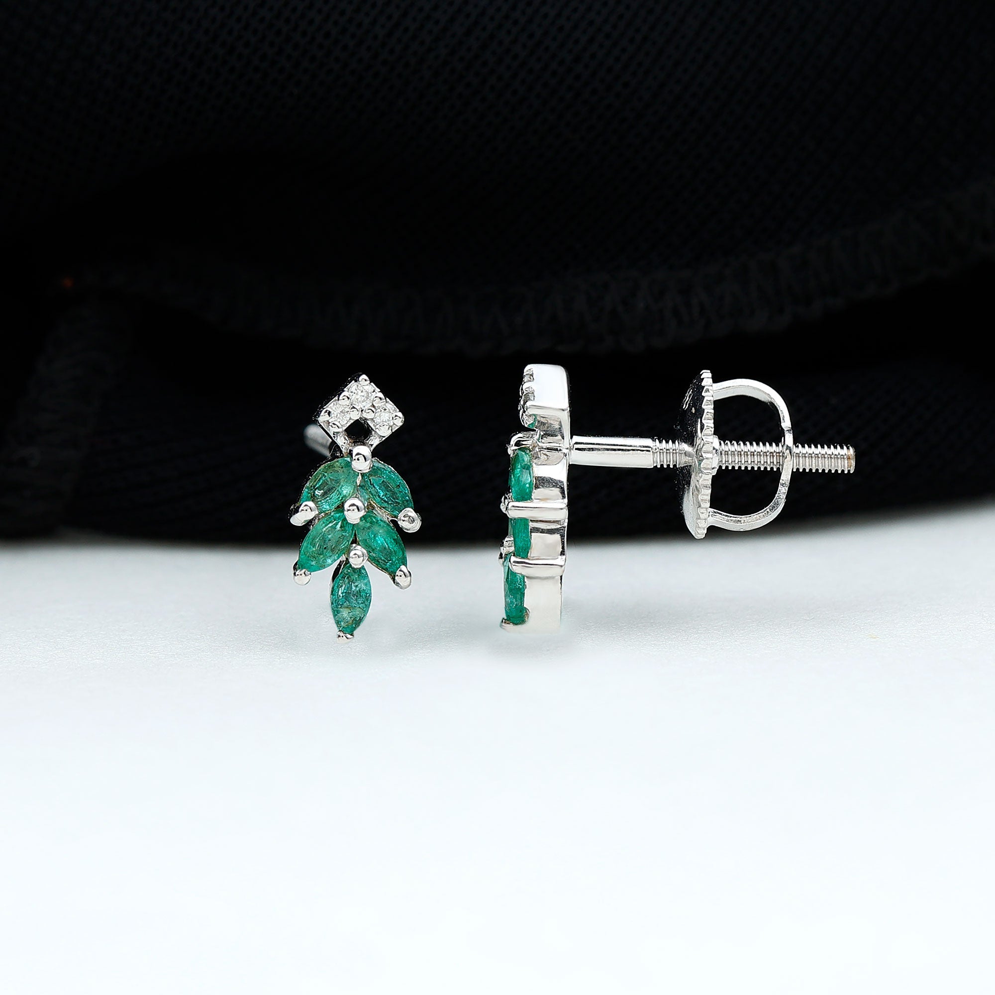 Emerald Leaf Earrings – Stud Earrings with Marquise Cut Emeralds & Lab Grown Diamonds