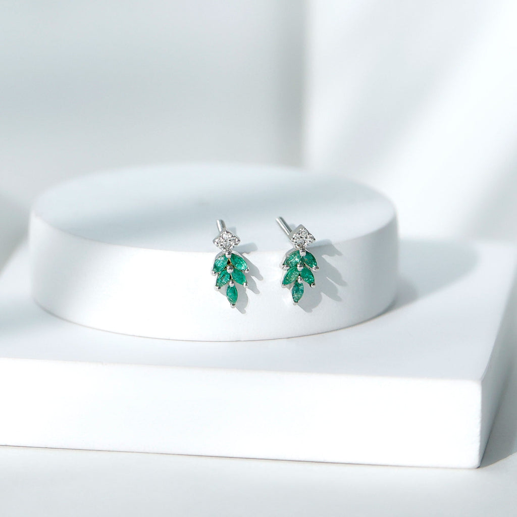 Emerald Leaf Earrings – Stud Earrings with Marquise Cut Emeralds & Lab Grown Diamonds