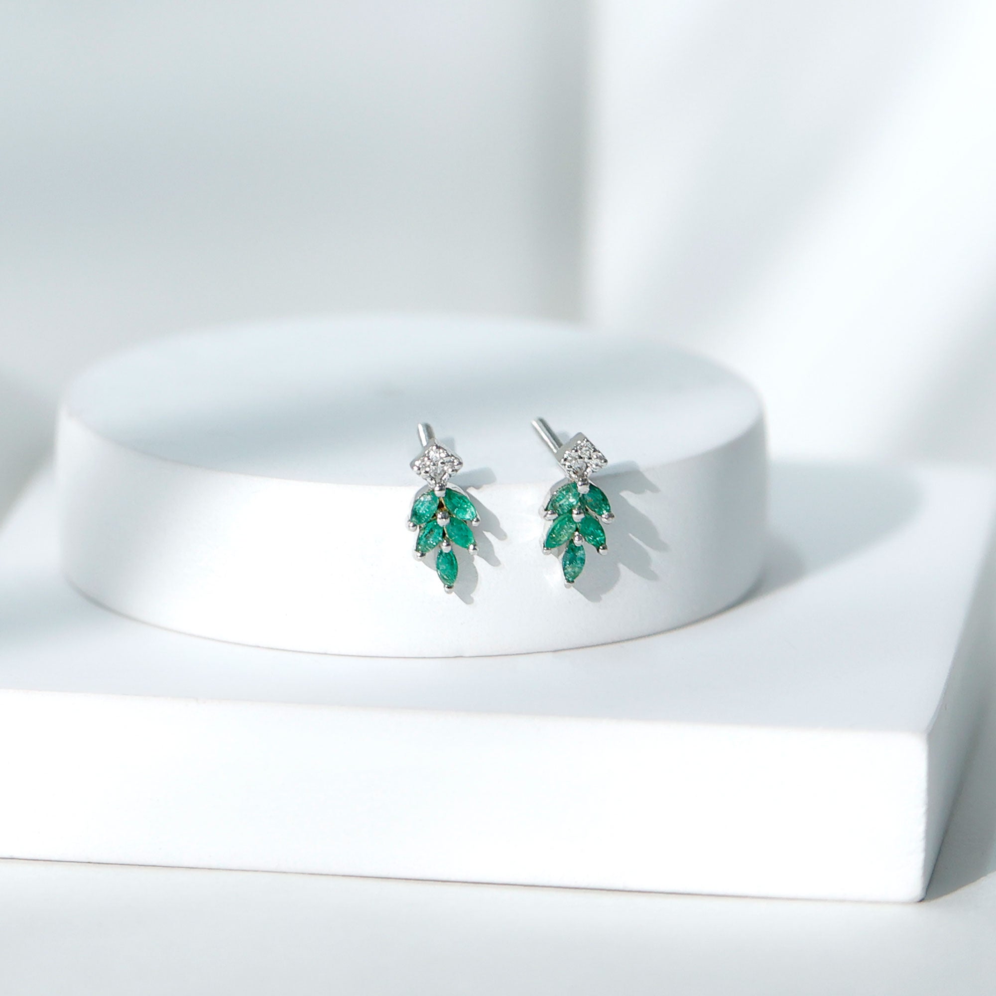 Emerald Leaf Earrings – Stud Earrings with Marquise Cut Emeralds & Lab Grown Diamonds