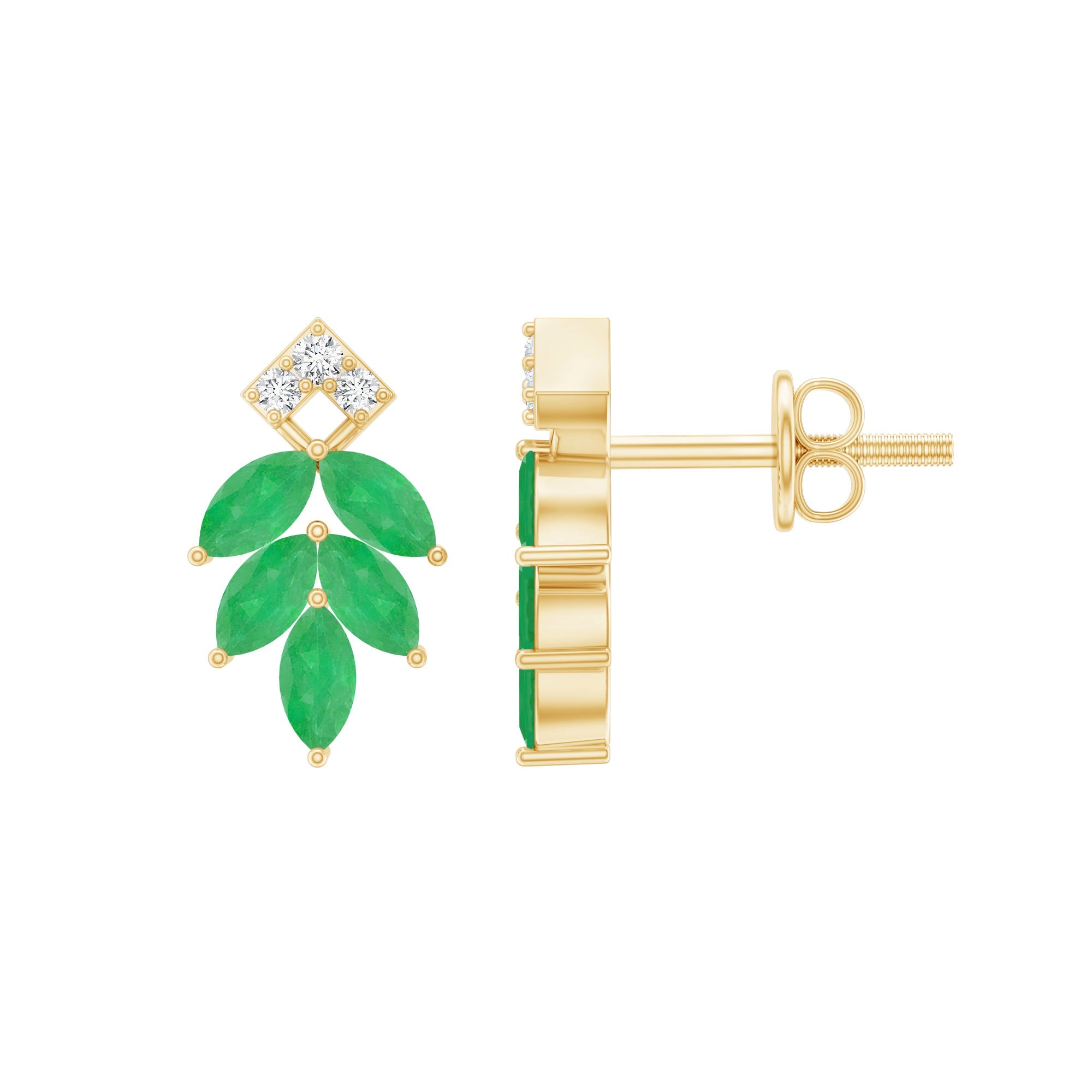Emerald Leaf Earrings – Stud Earrings with Marquise Cut Emeralds & Lab Grown Diamonds