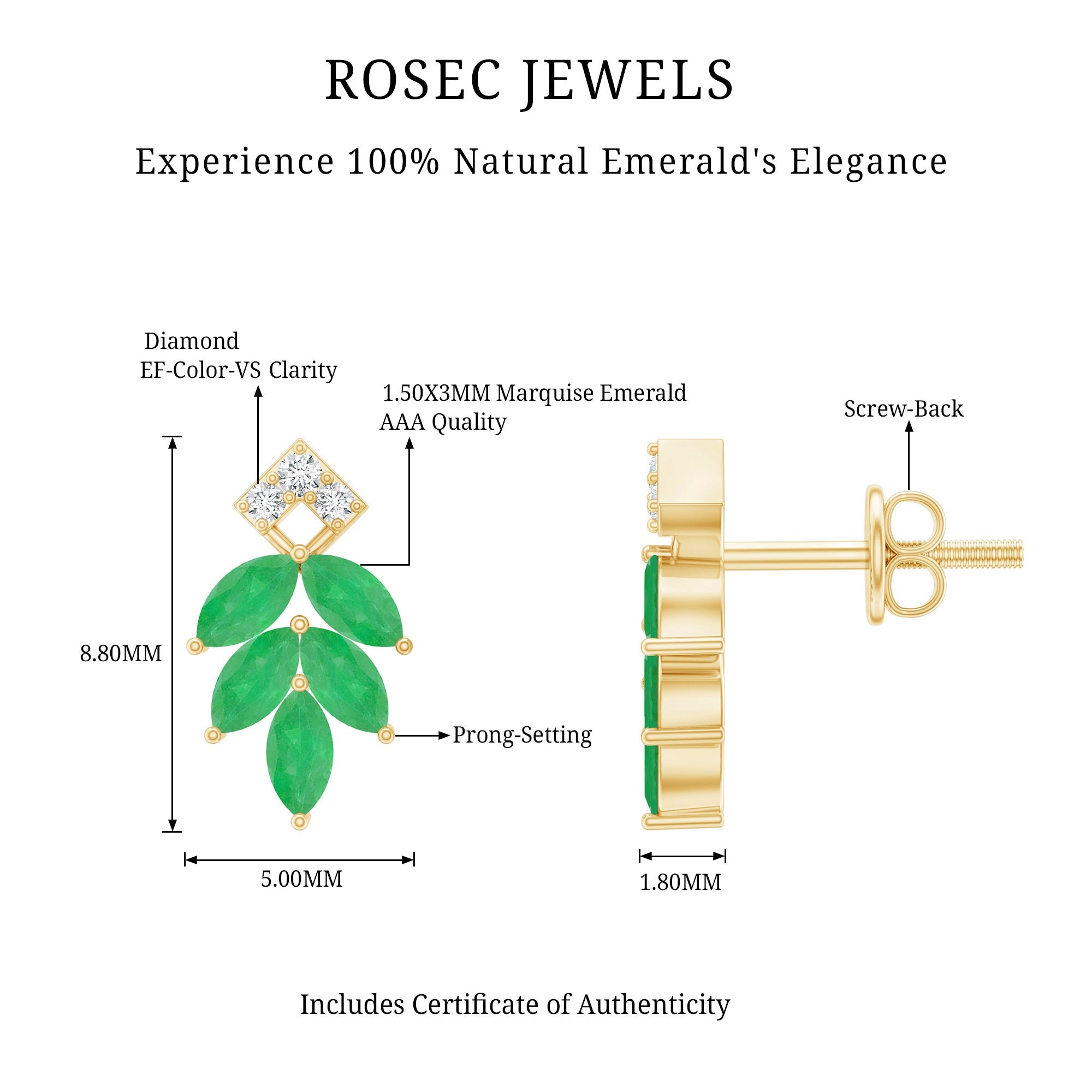 Emerald Leaf Earrings – Stud Earrings with Marquise Cut Emeralds & Lab Grown Diamonds