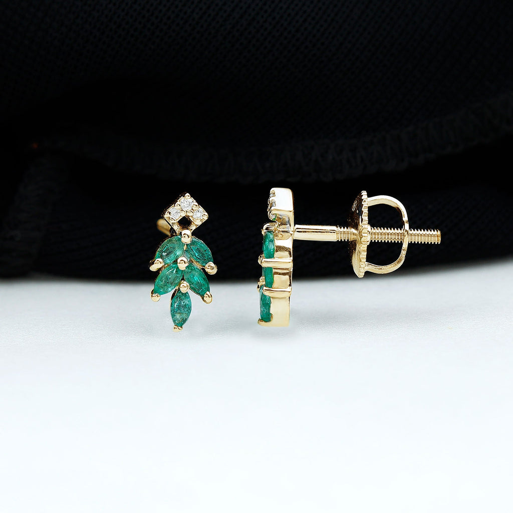 Emerald Leaf Earrings – Stud Earrings with Marquise Cut Emeralds & Lab Grown Diamonds