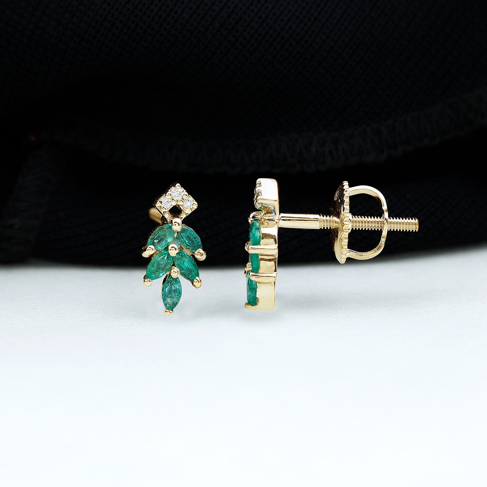 Emerald Leaf Earrings – Stud Earrings with Marquise Cut Emeralds & Lab Grown Diamonds