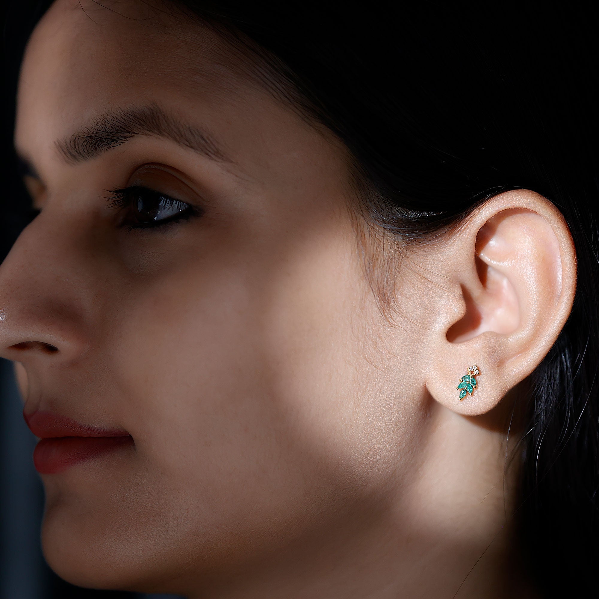 Emerald Leaf Earrings – Stud Earrings with Marquise Cut Emeralds & Lab Grown Diamonds