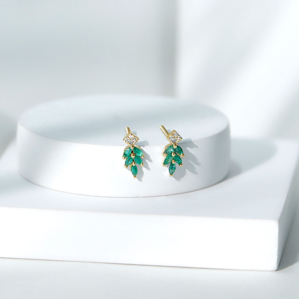 Emerald Leaf Earrings – Stud Earrings with Marquise Cut Emeralds & Lab Grown Diamonds