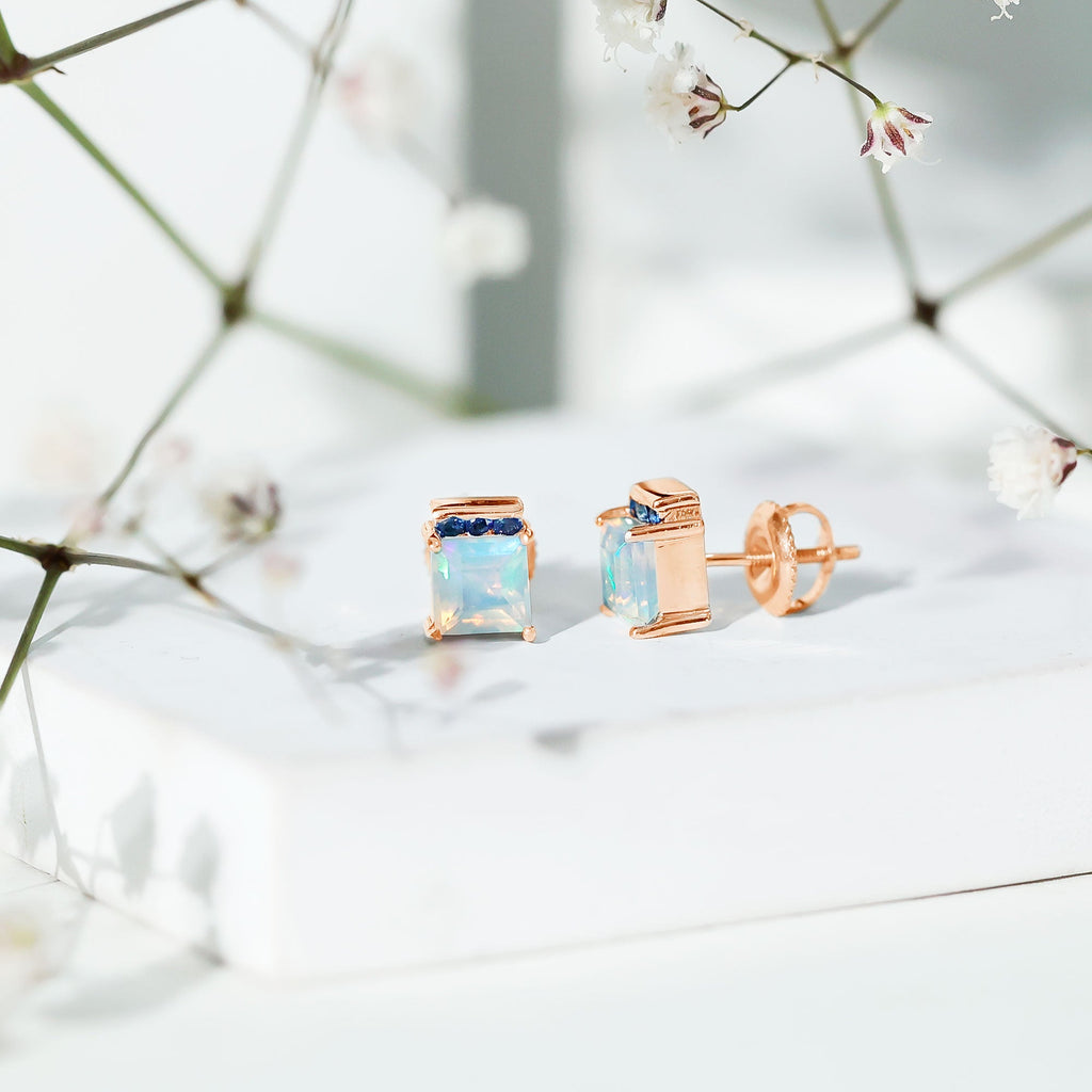 Ethiopian Opal Stud Earrings – Princess Cut Opal Sapphire Studs with Secure Screw Back