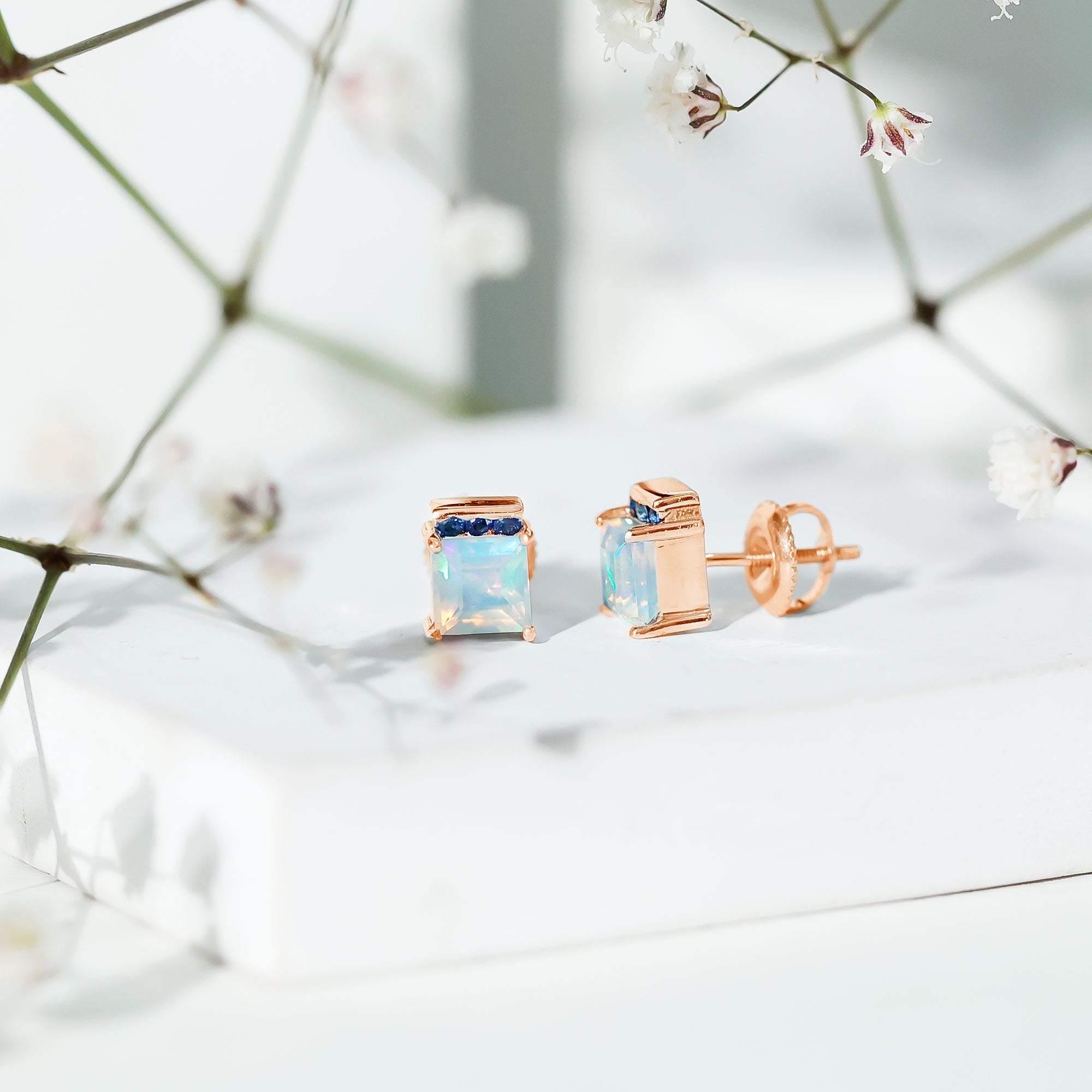 Ethiopian Opal Stud Earrings – Princess Cut Opal Sapphire Studs with Secure Screw Back