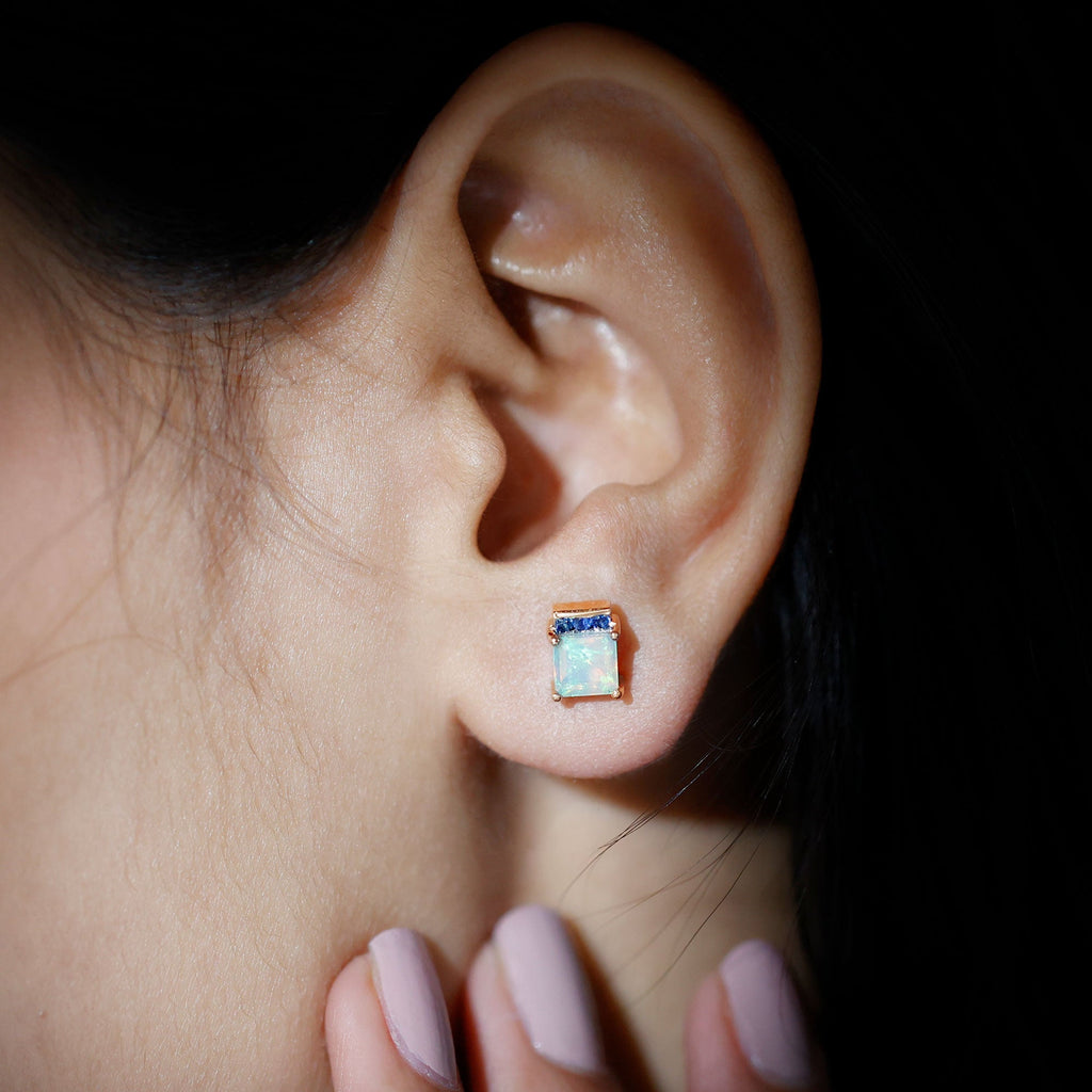 Ethiopian Opal Stud Earrings – Princess Cut Opal Sapphire Studs with Secure Screw Back