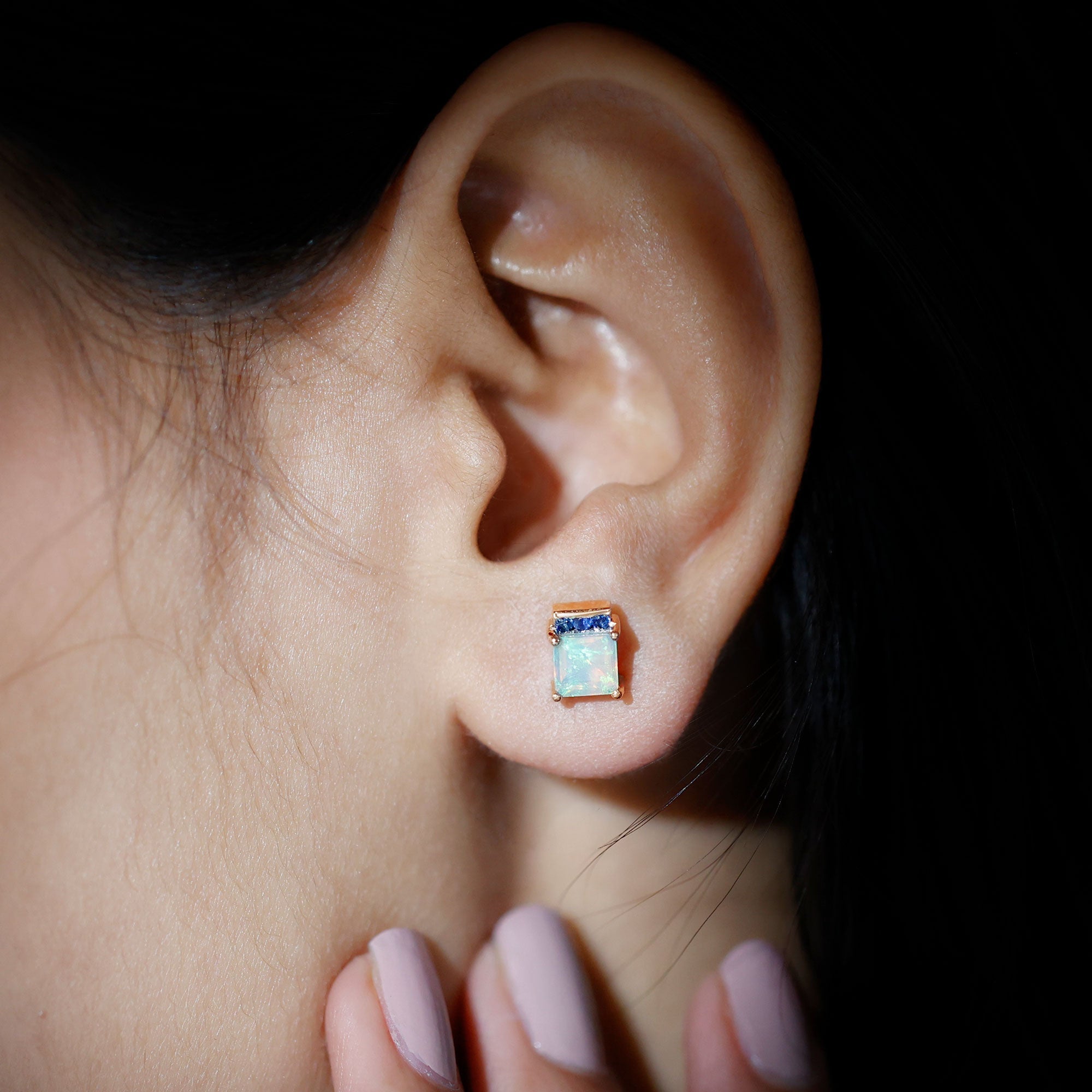 Ethiopian Opal Stud Earrings – Princess Cut Opal Sapphire Studs with Secure Screw Back